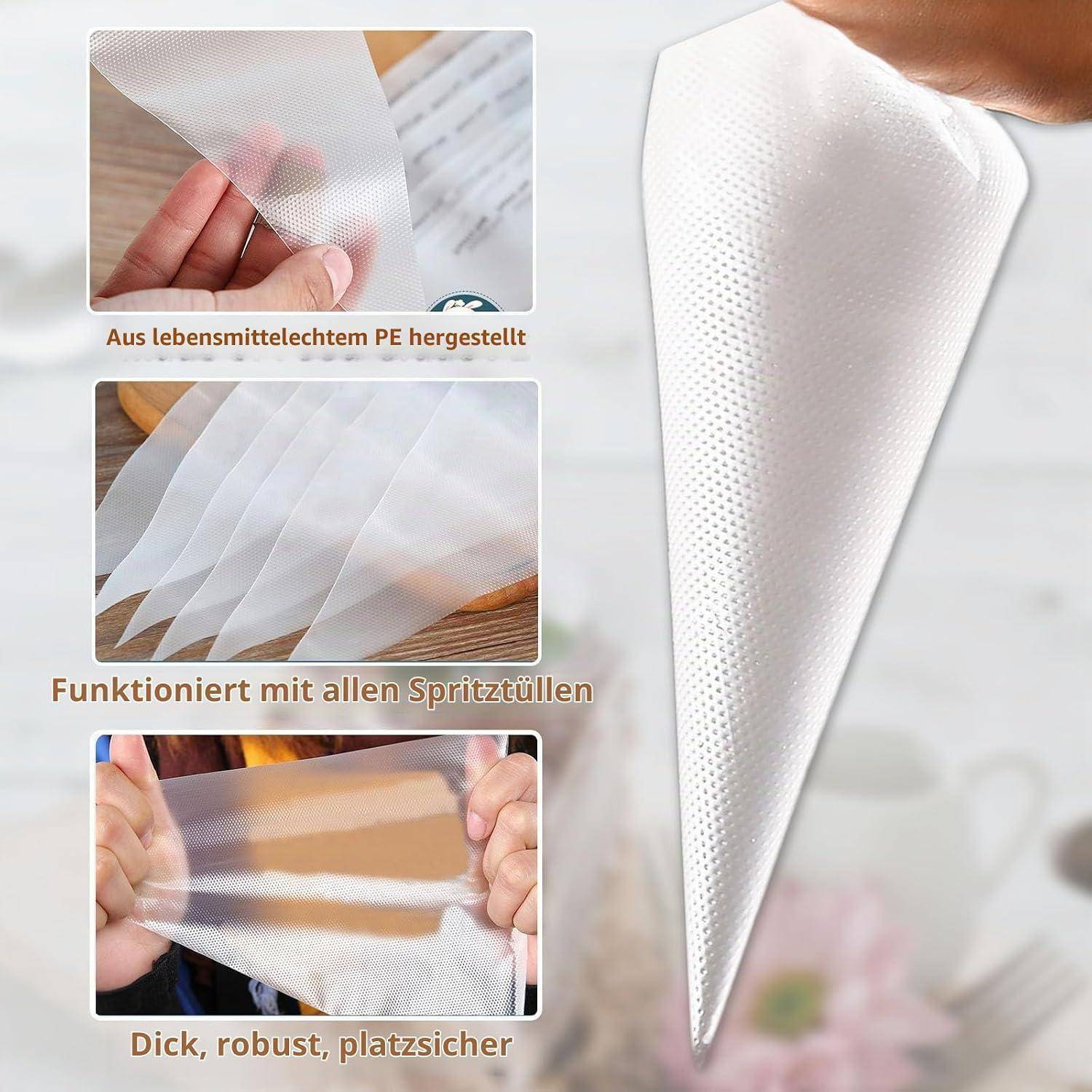 Werbebild von Einweg-Spritzbeuteln, die gezeigt und in Gebrauch demonstriert werden, mit Hervorhebung des lebensmittelgerechten PE-Materials, der Kompatibilität mit allen Spritztüllen und der Langlebigkeit: dick, robust, auslaufsicher.