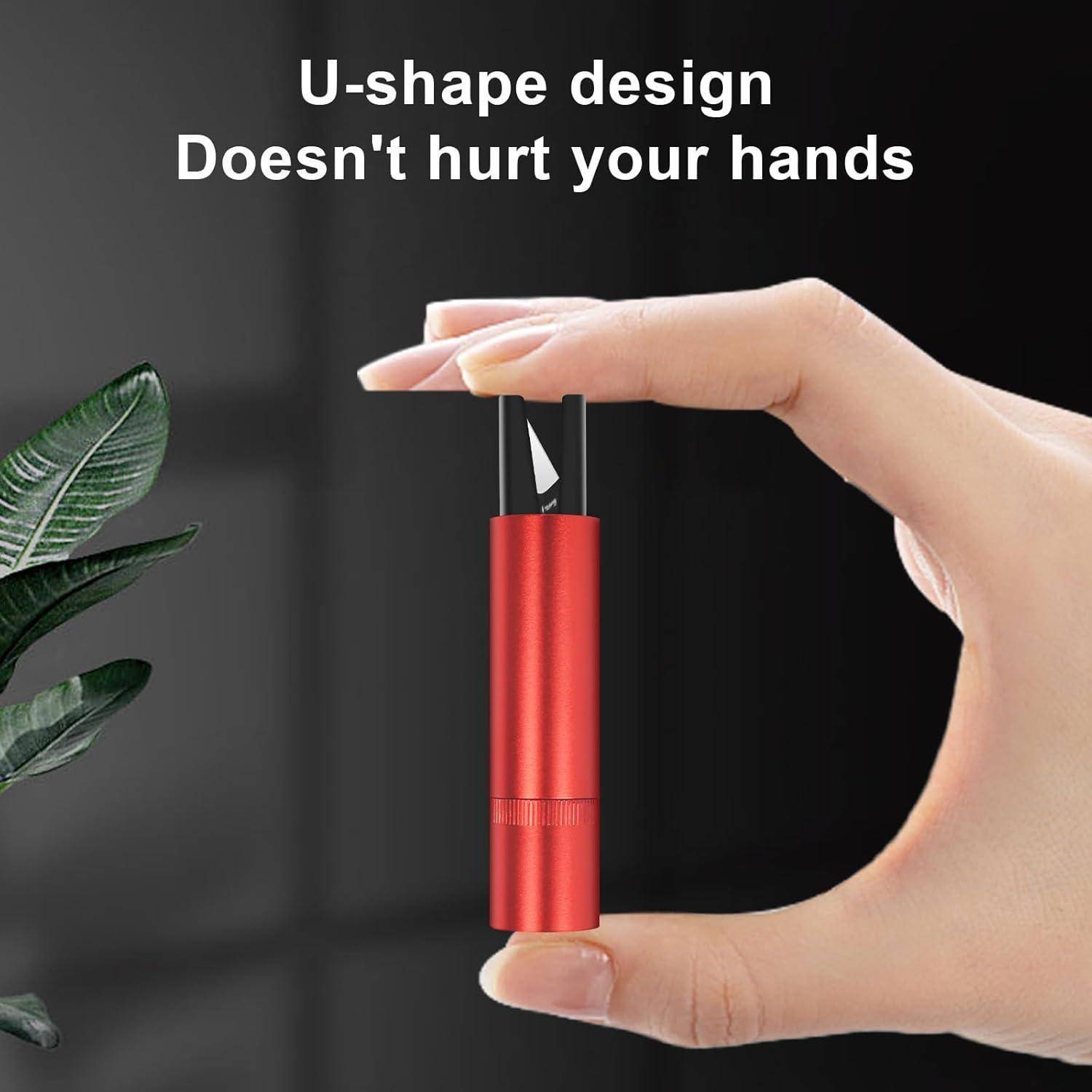 Hand, die ein rotes zylindrisches Werkzeug mit U-förmiger Oberseite hält, dargestellt als sicheres Griffdesign; Text besagt „U-förmiges Design schadet Ihren Händen nicht