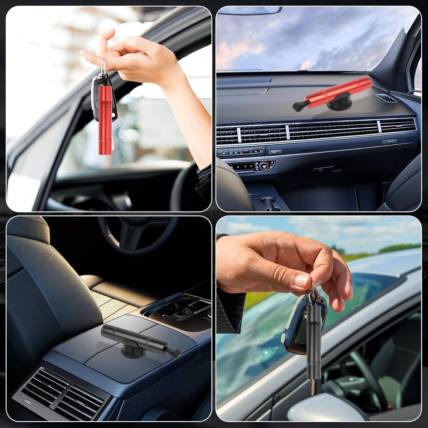 Vierteiliges Collage mit einem kleinen rot-schwarzen stiftähnlichen Werkzeug, das in einem Auto verwendet wird: aufgehängt am Rückspiegel, auf dem Armaturenbrett und der Mittelkonsole platziert und neben einem Autofenster gehalten.