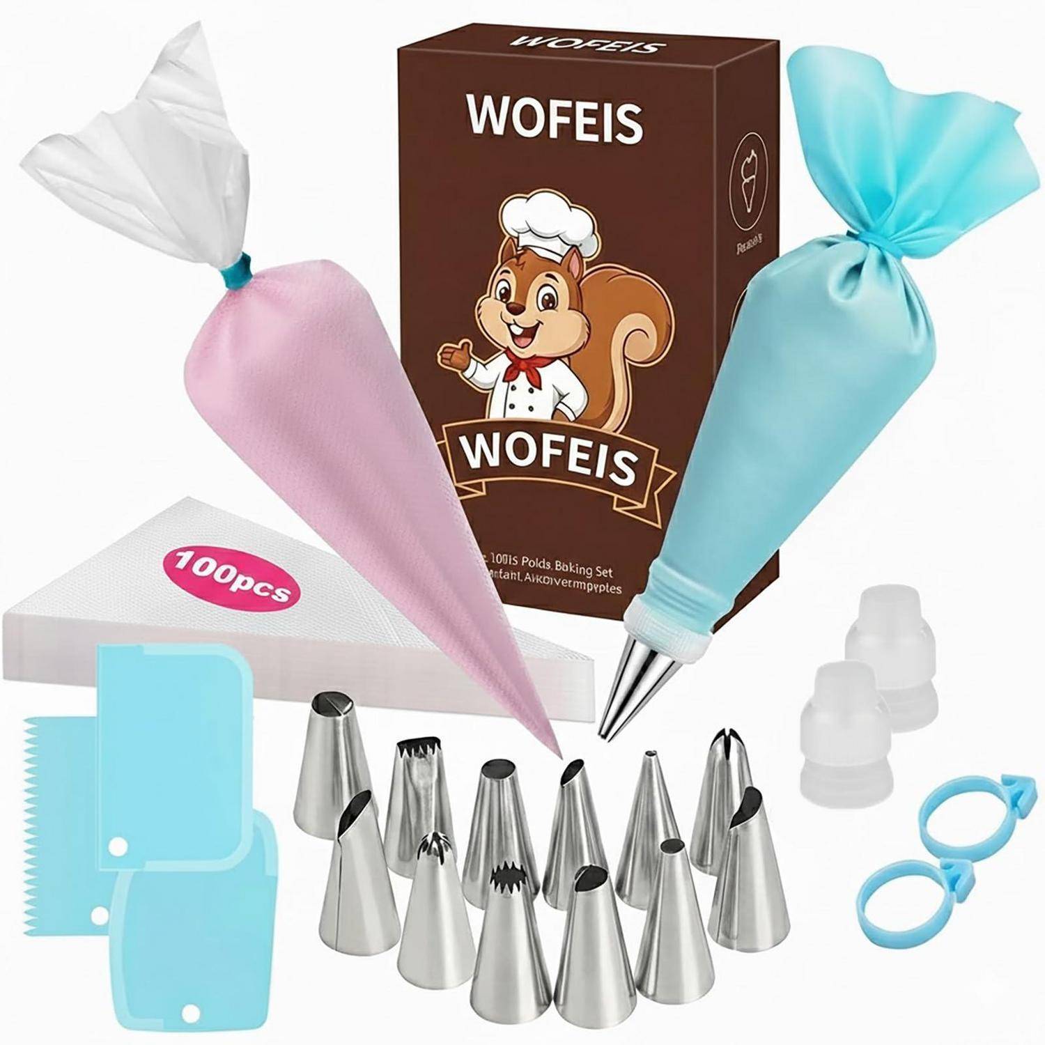 WOFEIS Spritzbeutel-Dekorationsset mit wiederverwendbaren Beuteln, Metall-Spritztüllen, Kupplungen und Schabern zum Verzieren von Tortenglasur.