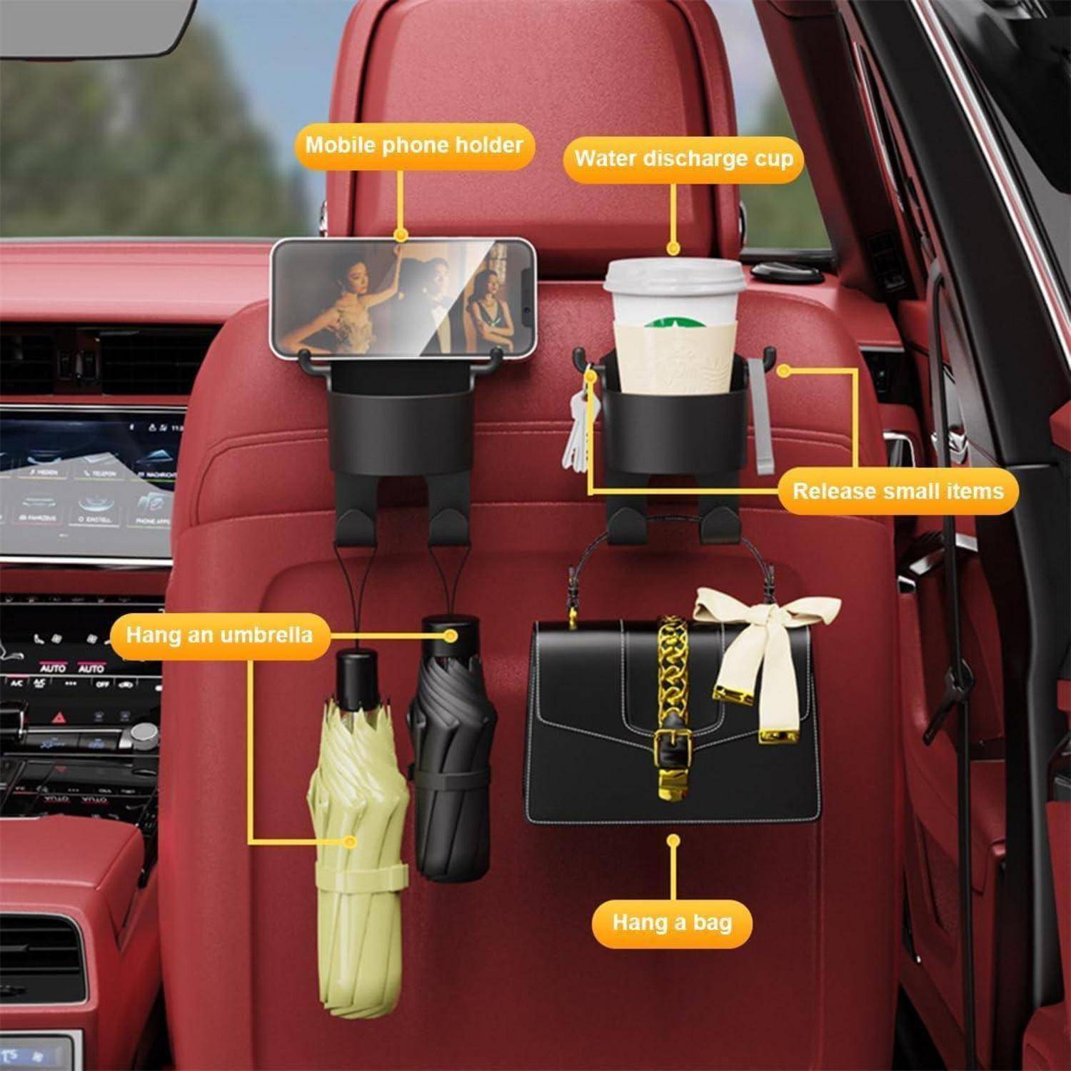 Autositzorganizer mit Haken und Haltern für ein Telefon, eine Getränketasse, kleine Gegenstände, einen Regenschirm und eine Handtasche auf einem roten Ledersitz.