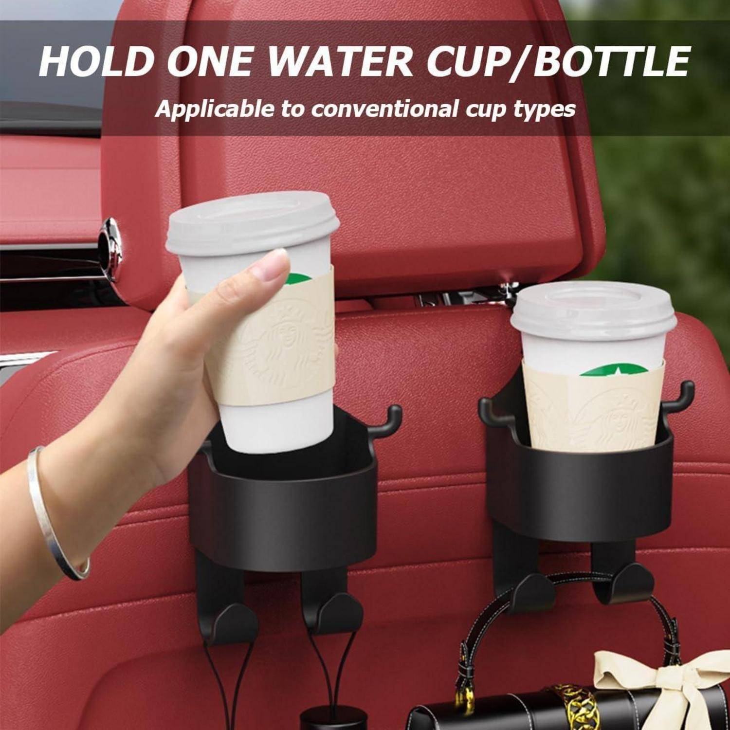 Getränkehalter im Auto, die eine Wassertasse oder Flasche halten, dargestellt mit einer Hand, die eine Tasse in einen roten Autositzbereic platziert.
