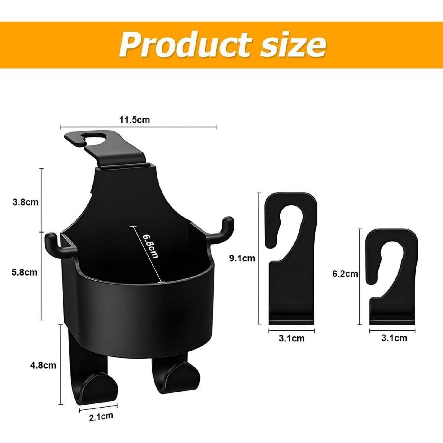 Produktgrößendiagramm einer schwarzen hängenden Tassenhalter, das die Abmessungen zeigt: 11,5 cm breit, 9,1 cm und 6,2 cm hohe Hakenbauteile, und 3,1 cm Basisbreite.