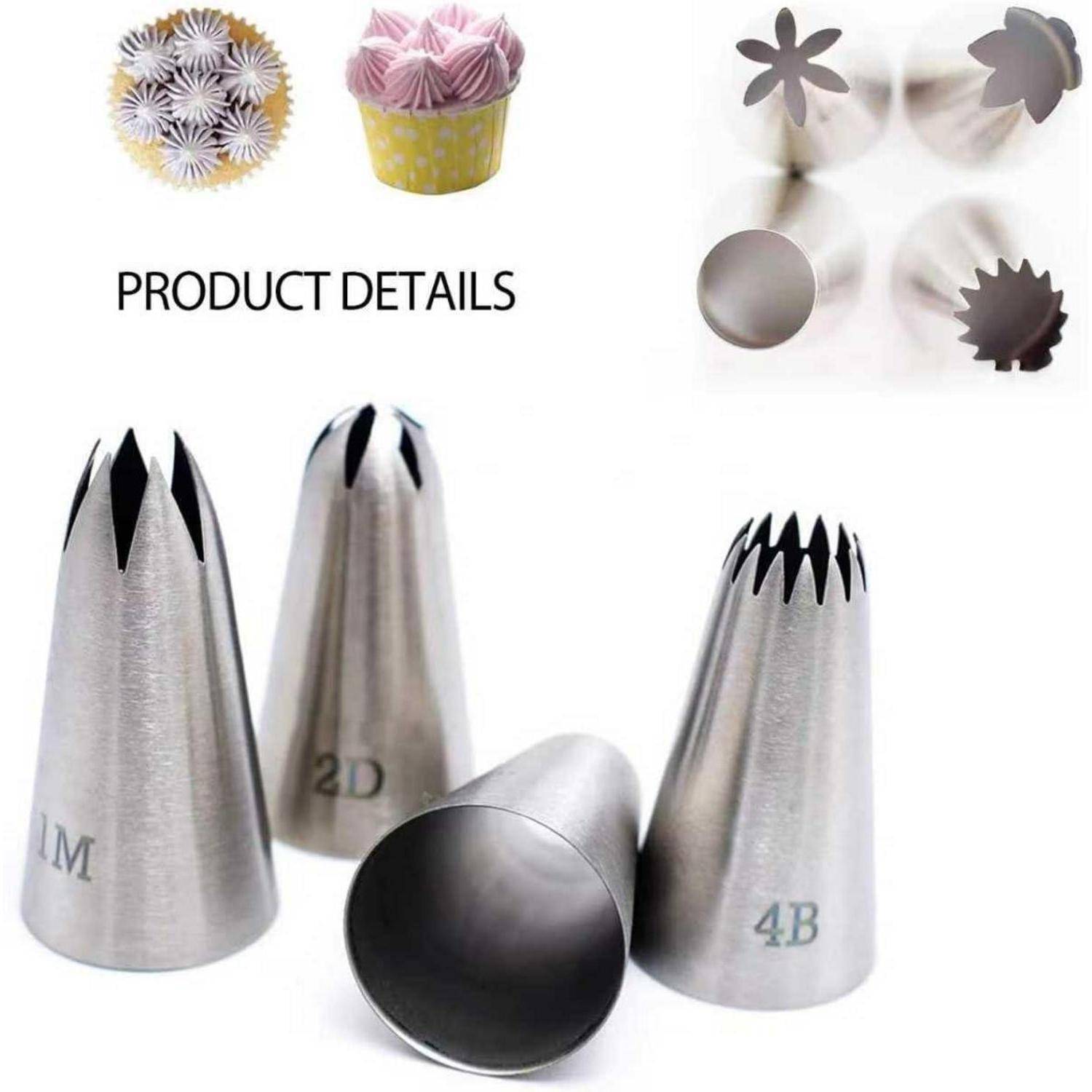 Produktdetailbild von Metallspritztülle zum Verzieren von Cupcakes und Kuchen, das mehrere Spitzenformen und ein Mustermuster einer Blume zeigt.