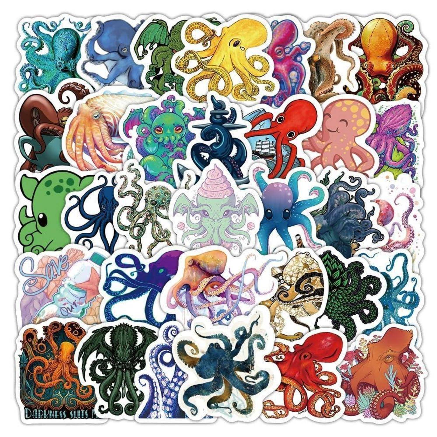 Collage aus bunten illustrierten Oktopus- und Tintenfisch-Aufklebern in vielen Stilen, die den Rahmen gegen einen weißen Hintergrund ausfüllen.