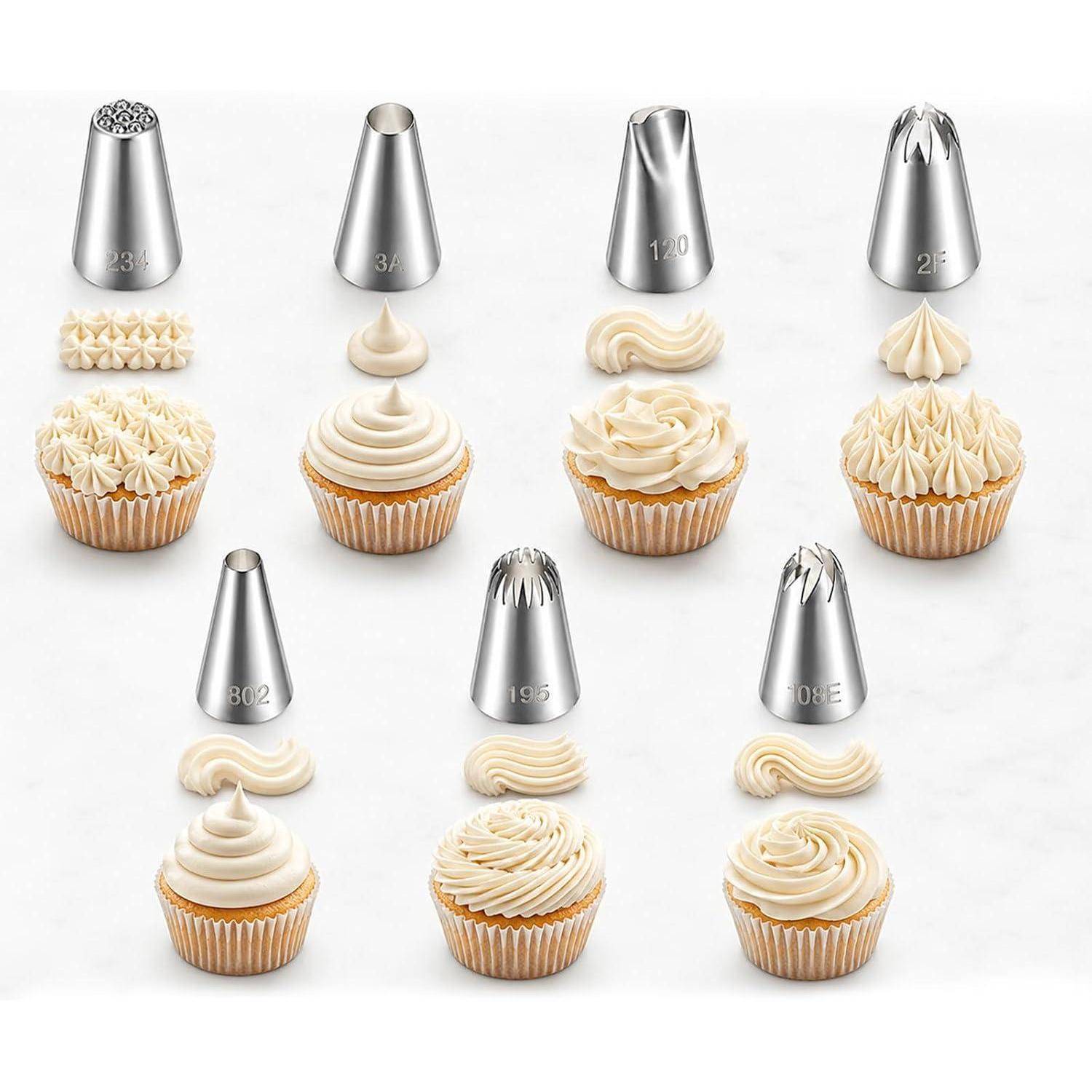 Cupcake-Frosting-Spritztüllen werden mit Musterwirbelmustern und fertigen Cupcakes gezeigt, die verschiedene dekorative Zuckergussmuster veranschaulichen, die jede Tülle erzeugt.