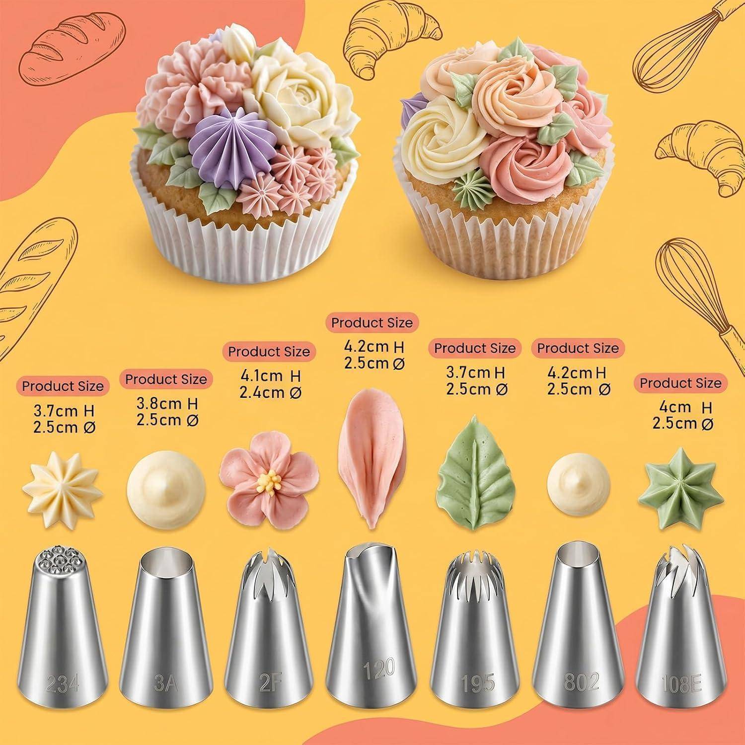 Illustration von zwei dekorierten Cupcakes und sieben Metall-Spritztüllen mit gekennzeichneten Produktgrößen und Spritztüllenformen zum Kuchenverzieren.