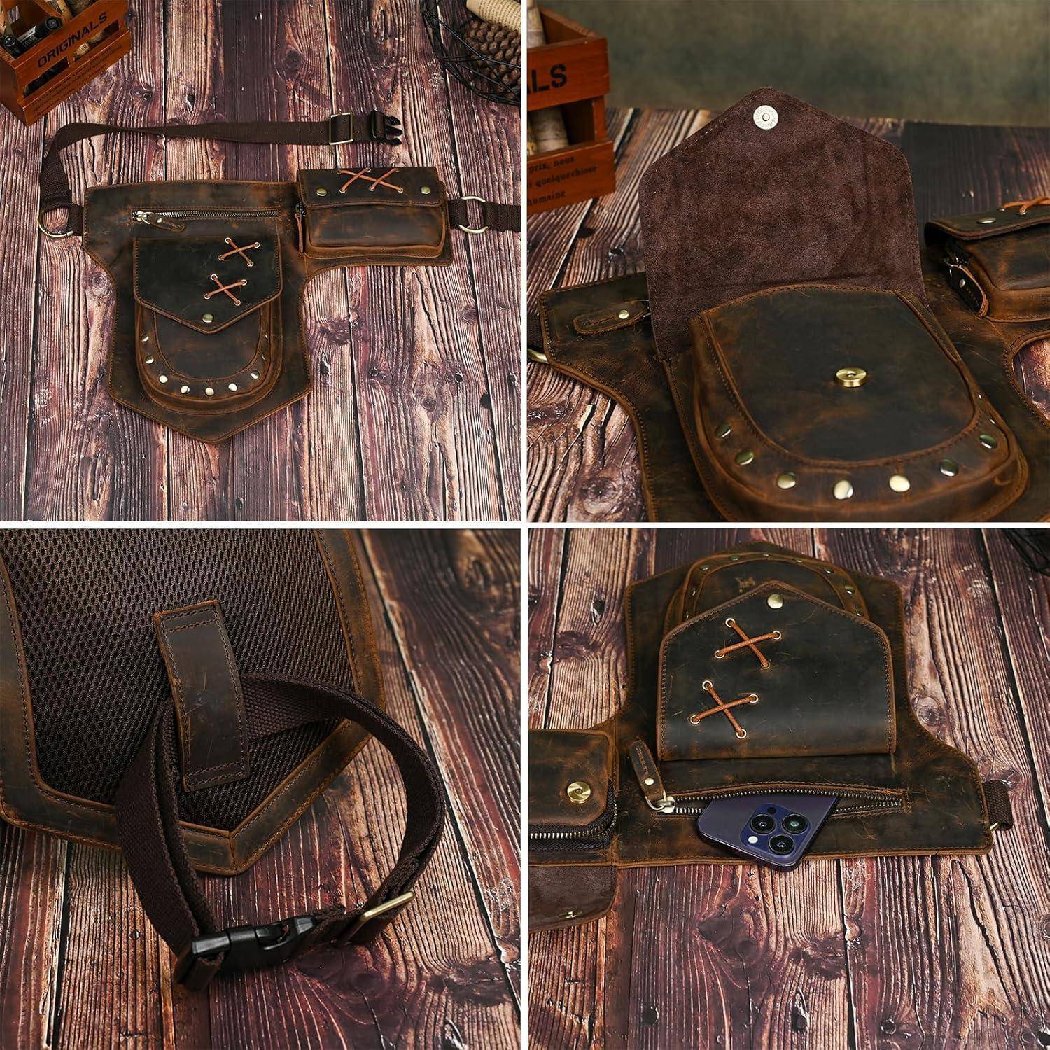 Collage einer braunen Leder-Umhängetasche mit Klappe, Taschen und verstellbarem Riemen, gezeigt geschlossen, offen und getragen mit einem Telefon im Inneren.