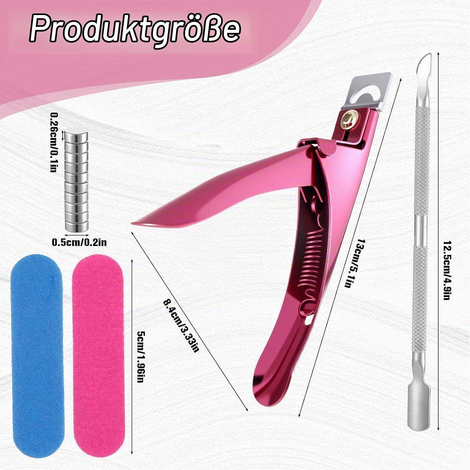 Größendiagramm des Produkts mit einem rosa Nagelschereset mit 13cm Nagelschere, 12,5cm Nagelhautwerkzeug, 0,5cm Feder und 5cm Feilen.
