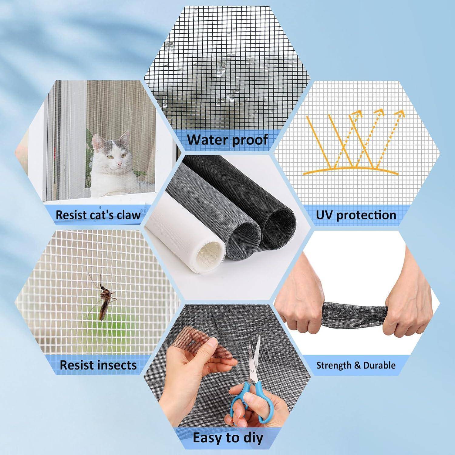 Sechseckige Produktinfografik mit Fensterfliegengitterrollen und Merkmalen: wasserdicht, UV-Schutz, kratzfest gegen Katzenkrallen, insektenabweisend, stark und langlebig, einfach zu schneiden und zu installieren.