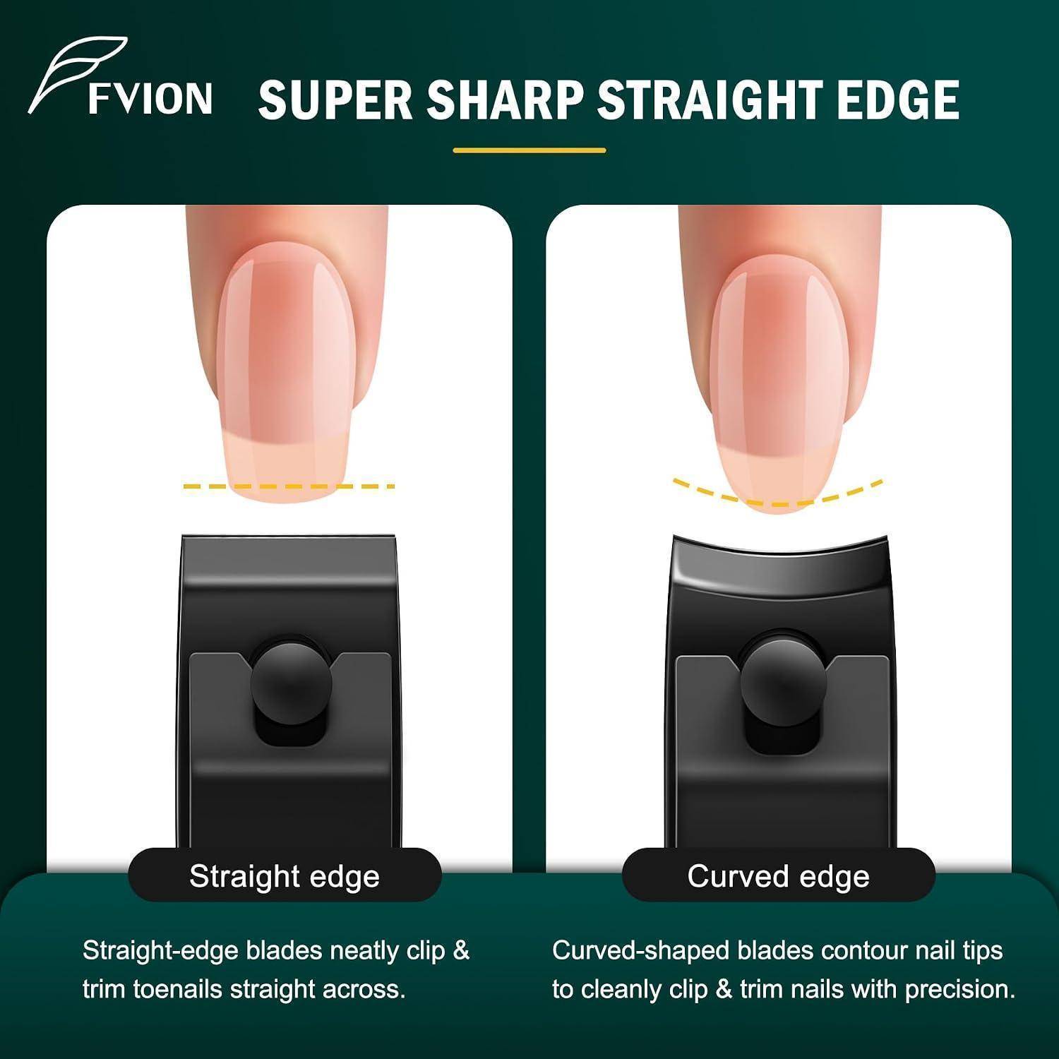Werbegrafik für FVION-Nagelknipser mit geraden Klingen zum Schneiden von Zehennägeln gerade über die gesamte Breite und gekrümmten Klingen zum präzisen Formen von Nagelspitzen.