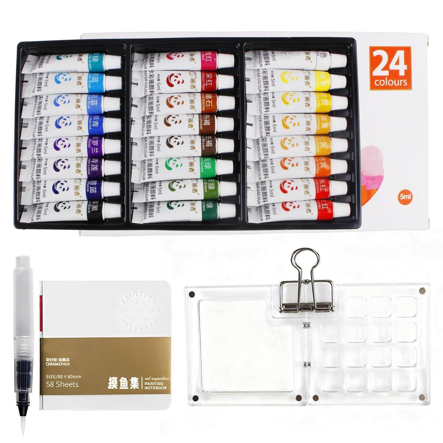 Satz von Kunstmaterialien: 24er-Farbtuben-Malkasten, ein Skizzenbuch mit Stift und ein offener transparenter Ordner mit leeren Seiten.