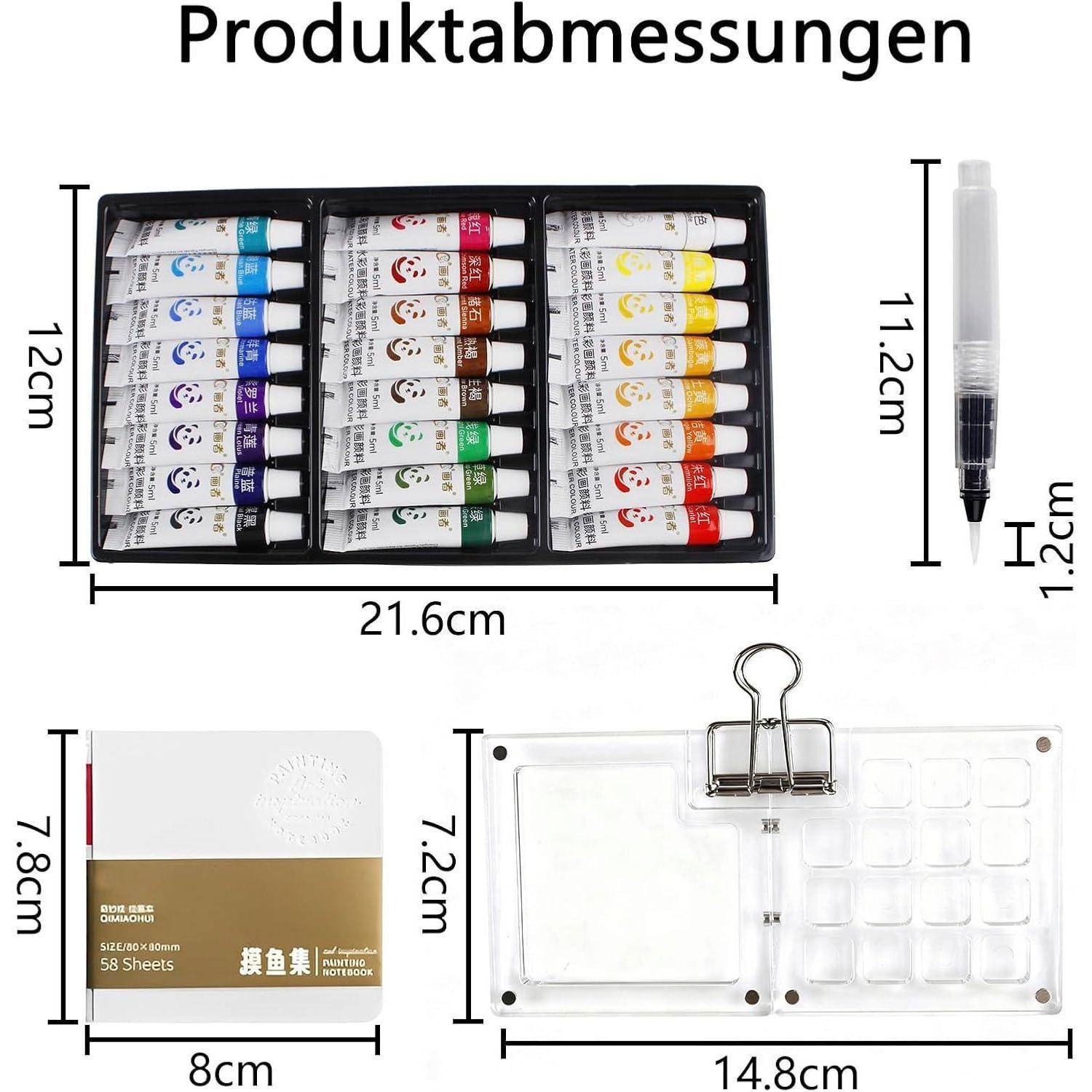 Produktabmessungsdiagramm mit einem 21,6 cm x 12 cm Malset, einem 11,2 cm x 1,2 cm Stift, einem 8 cm x 7,8 cm Notizbuch und einem 14,8 cm x 7,2 cm Ordner.