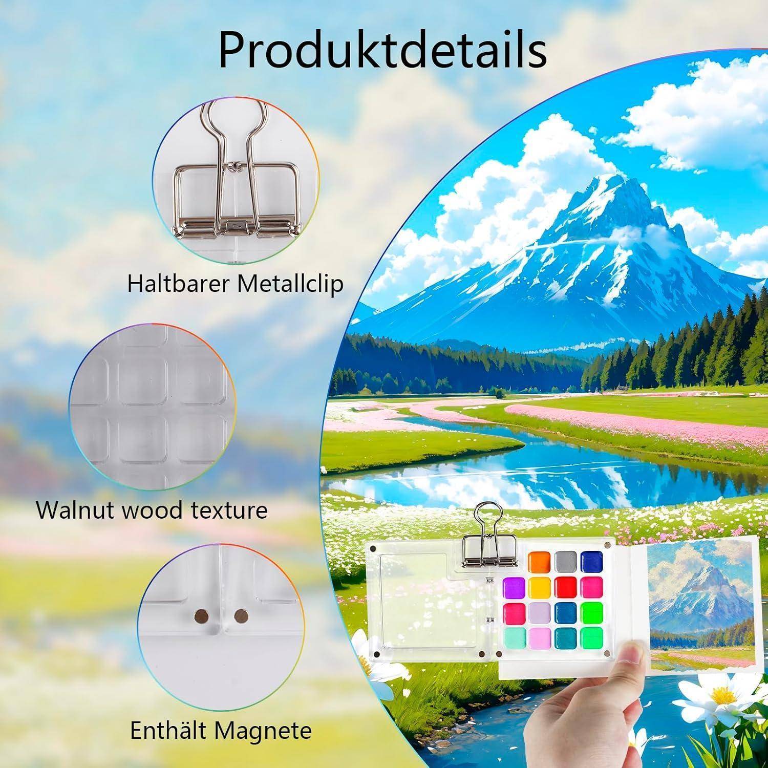 Produktdetails zeigen einen durchsichtigen Kunststoff-Fotorahmen mit Magnetverschluss und Metallclip, Nussbaum-Holzoptik und mitgelieferten Magneten, dargestellt vor einer Berglandschaft.