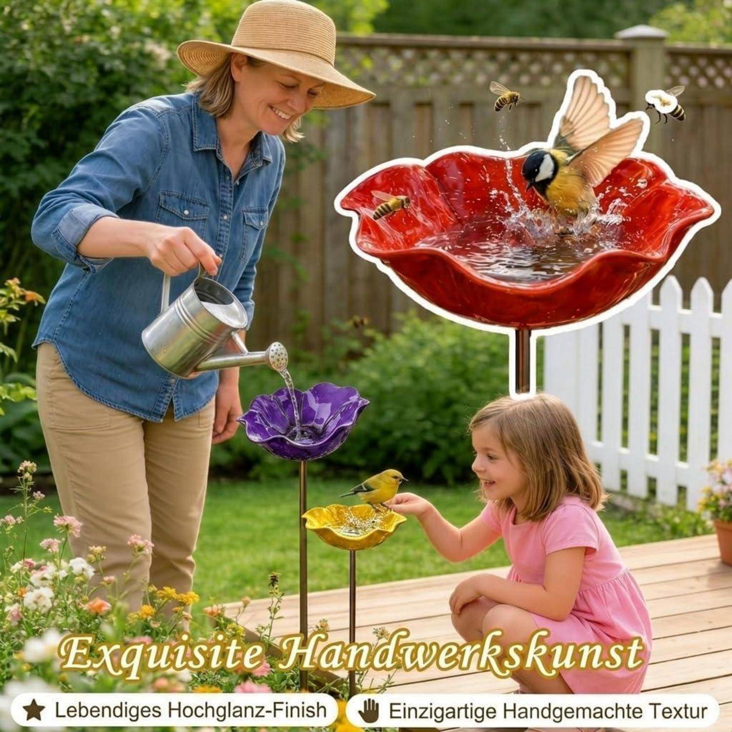 Frau gießt dekorative vogelbadartig geformte Blumenkübel, während ein Kind einen Vogel füttert; Text liest sich wie „Exquisite Handwerkskunst