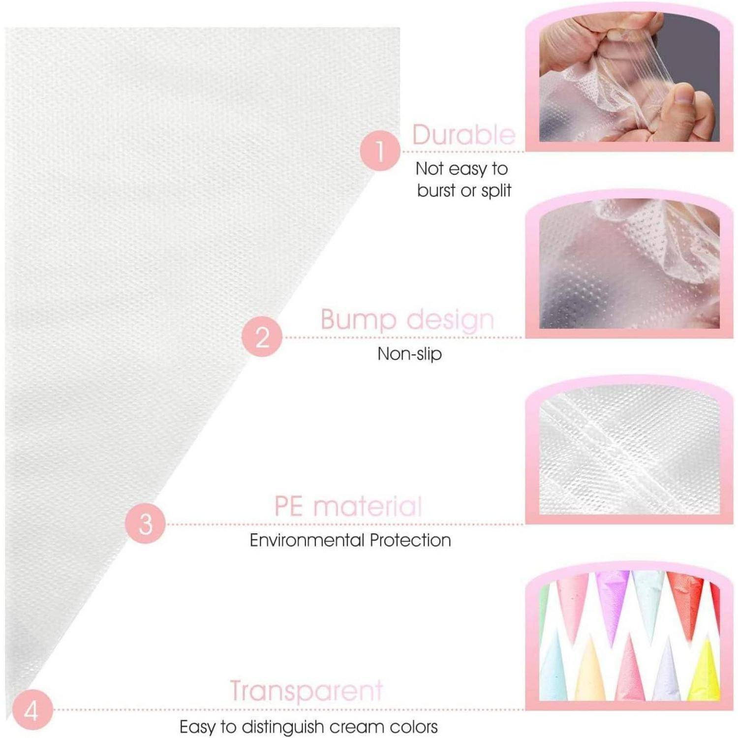 Infografik einer transparenten PE-Tasche mit vier Merkmalen: langlebig, rutschfestes Bumpy-Design, umweltfreundliches Material und leicht einsehbarer Inhalt.