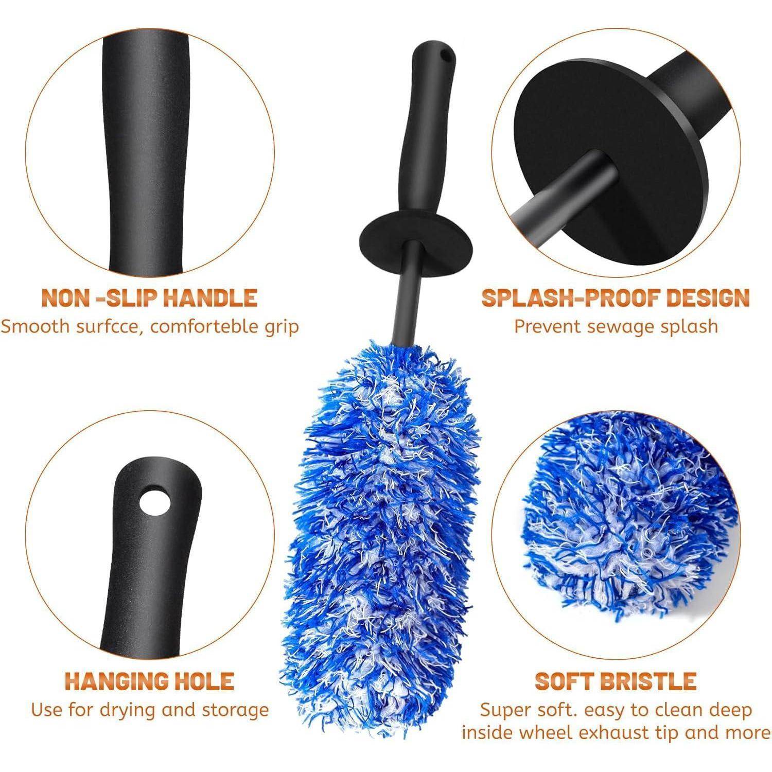 Produktinfografik einer blauen Toilettenbürste mit schwarzem Griff, die rutschfesten Griff, spritzwasserfestes Design, Aufhängeloch und weiche Borsten zur Tiefenreinigung hervorhebt.