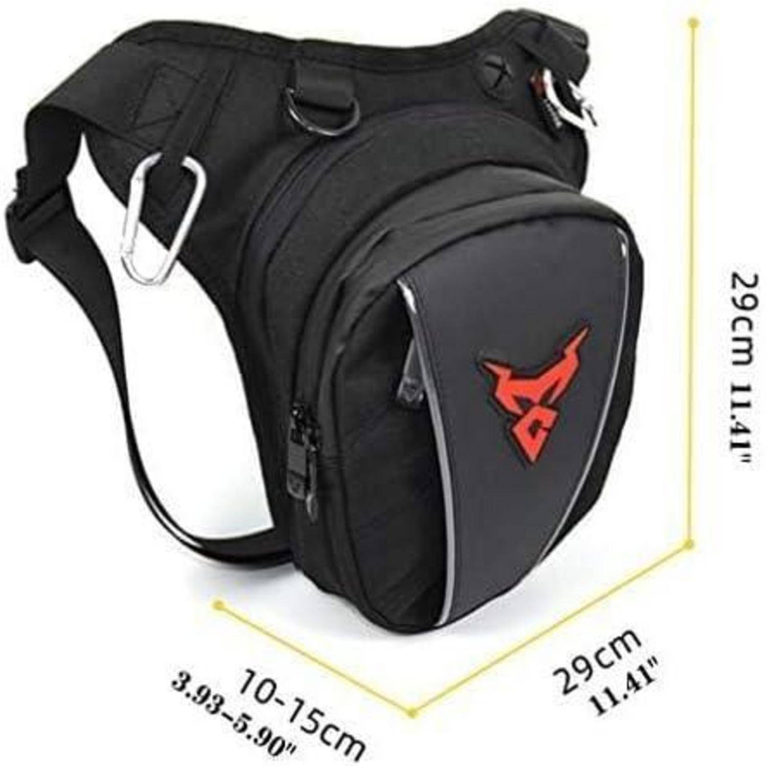 Schwarzer Einschulter-Sling-Rucksack mit rotem Logo, gezeigt mit Abmessungen von 29 cm x 29 cm und verstellbarer Riemenlänge von 10–15 cm.