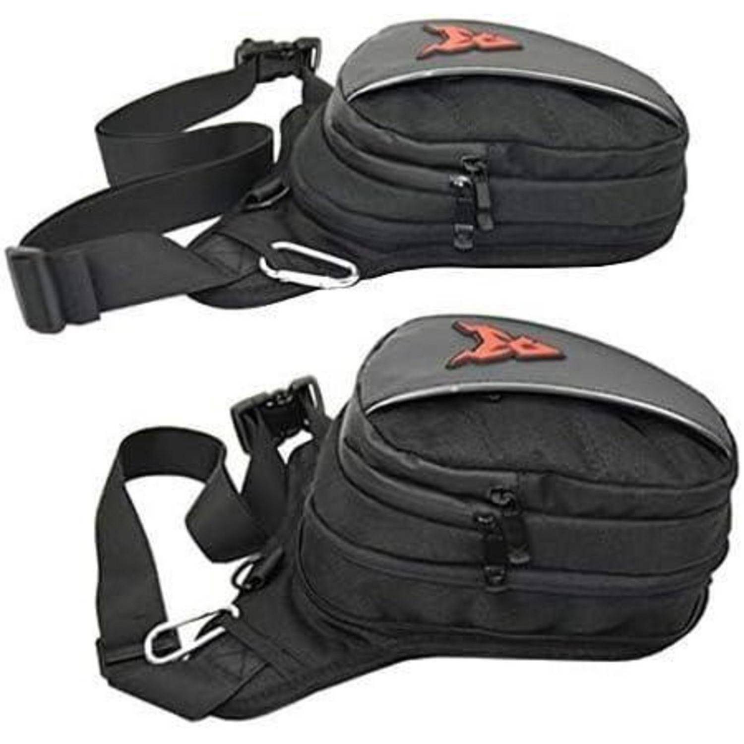 Zwei schwarze Schultertaschen mit Reißverschlussfächern und verstellbaren Riemen, gezeigt in zwei Größen auf weißem Hintergrund.