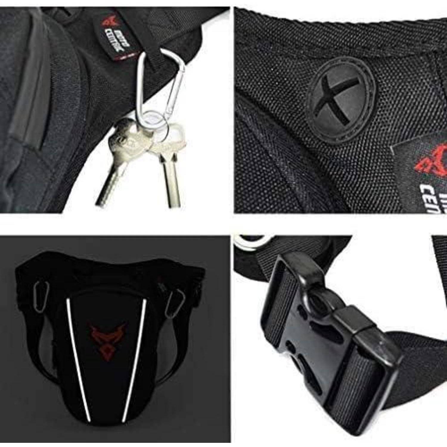 Collage zeigt eine schwarze Tasche oder einen Beutel mit Schultergurt, Reißverschluss, Schlüsselclip und Nahaufnahmen des Logos und der Schnallenbeschläge.