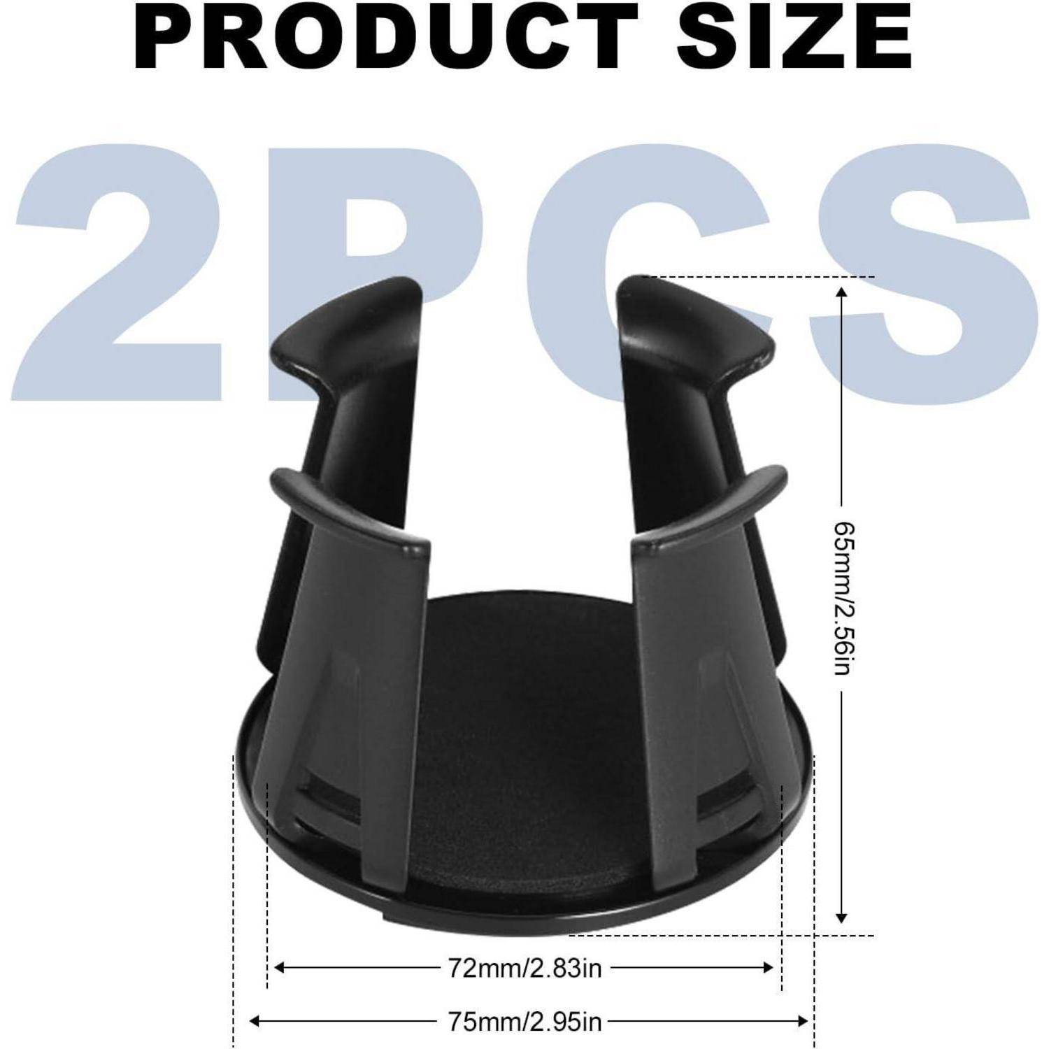 Größendiagramm eines schwarzen Getränkehalters oder Telefonhalters, das die Gesamtabmessungen von 75 mm Breite, 65 mm Höhe und 72 mm Basisbreite zeigt.