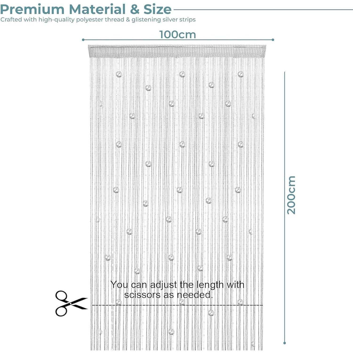 Produktbild eines silbernen Fransenvorhangs, 100 cm breit und 200 cm lang, mit verstellbarer Länge, die bei Bedarf mit einer Schere gekürzt werden kann.