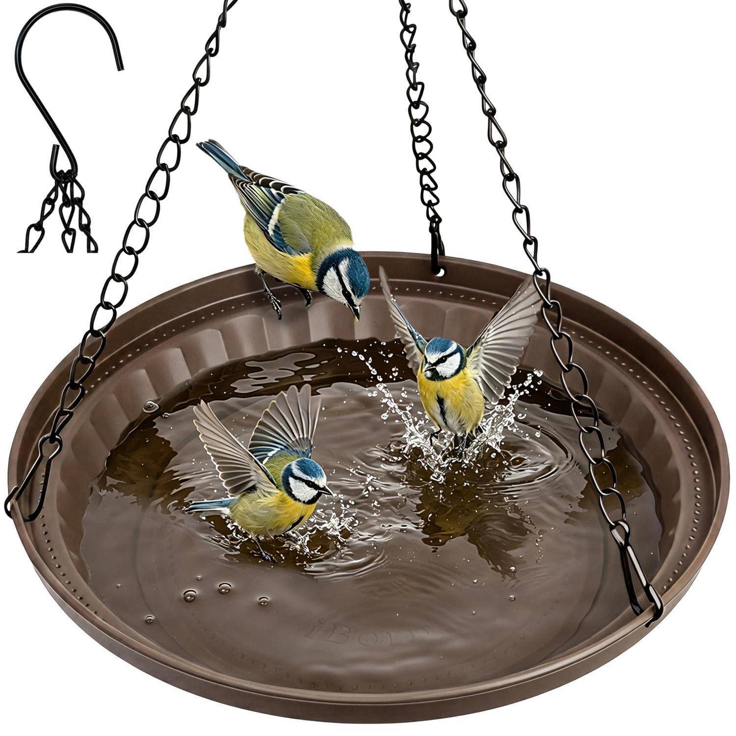 Drei kleine Vögel planschen in einem hängenden Vogelbad, trinken und baden in flachem Wasser.