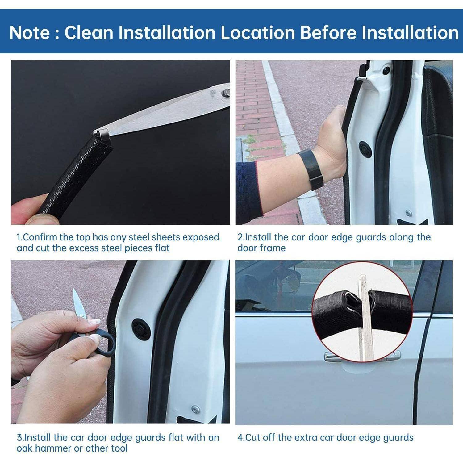 Anleitung zur Installation von Türkantenschutzleisten am Auto: Freiliegendes Stahl abschleifen, entlang des Türrahmens anbringen, flach andrücken und Überschuss abschneiden.