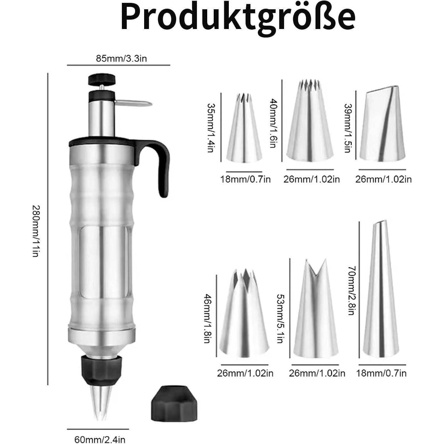 Produktgrößendiagramm zeigt einen Edelstahl-Sahneapparat, 280 mm hoch und 85 mm breit, mit sechs austauschbaren Spritzvorsätzen, beschriftet nach Höhe und Öffnungsgrößen.
