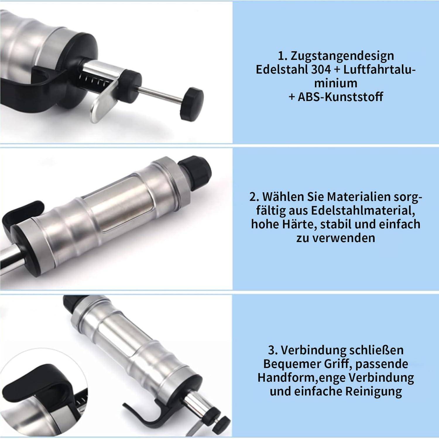 Dreischrittiges Produkt-Infografik, das ein rostfreies Saugwerkzeug/eine Saugstange zeigt: 1) Design mit Aluminium-Minimum und ABS-Kunststoff; 2) Wählen Sie haltbare Edelstahlmaterialien; 3) Schließen Sie die Verbindung für einen komfortablen Griff und einfache Reinigung.
