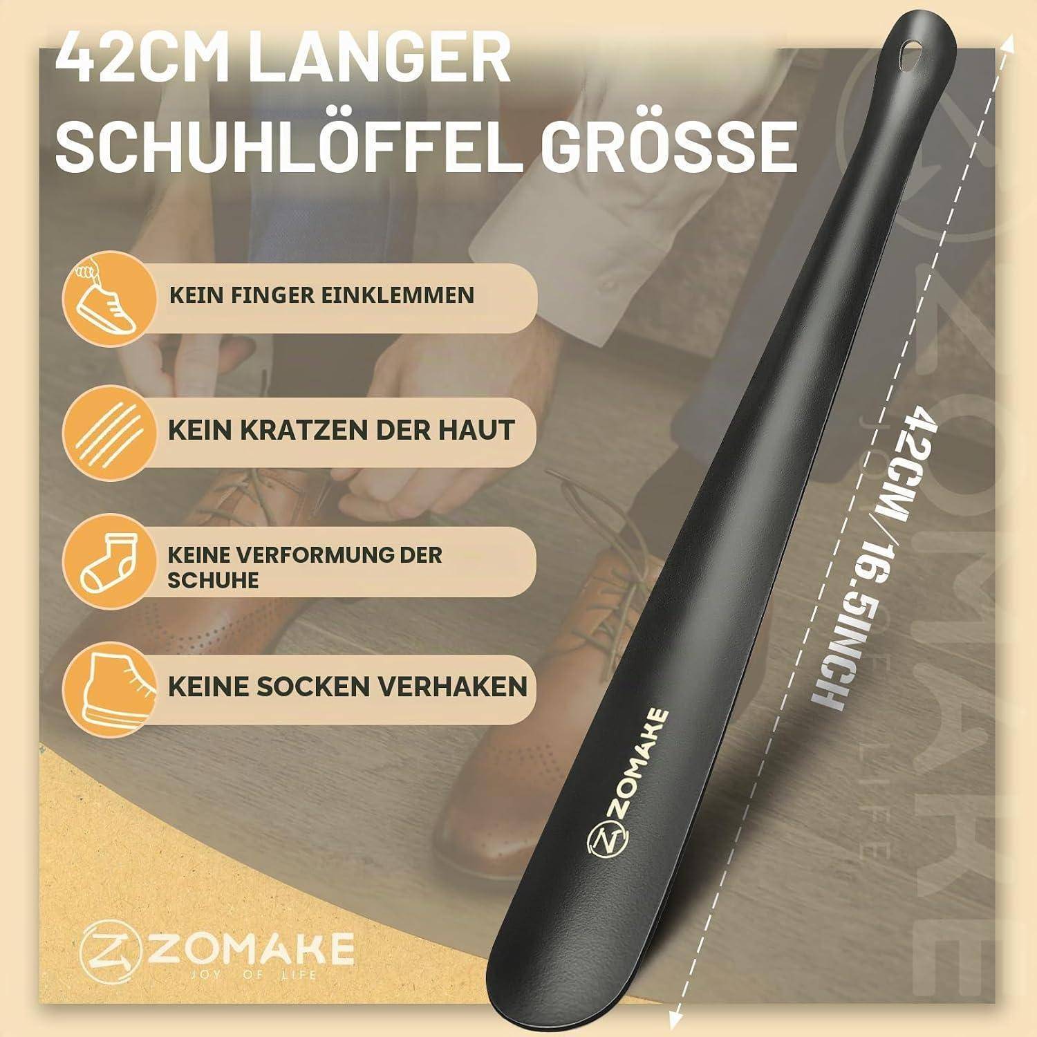 Werbegrafik eines 42 cm langen Schuhlöffels mit der Bezeichnung „42CM LÄNGER SCHUHLÖFFEL GRÖSSE