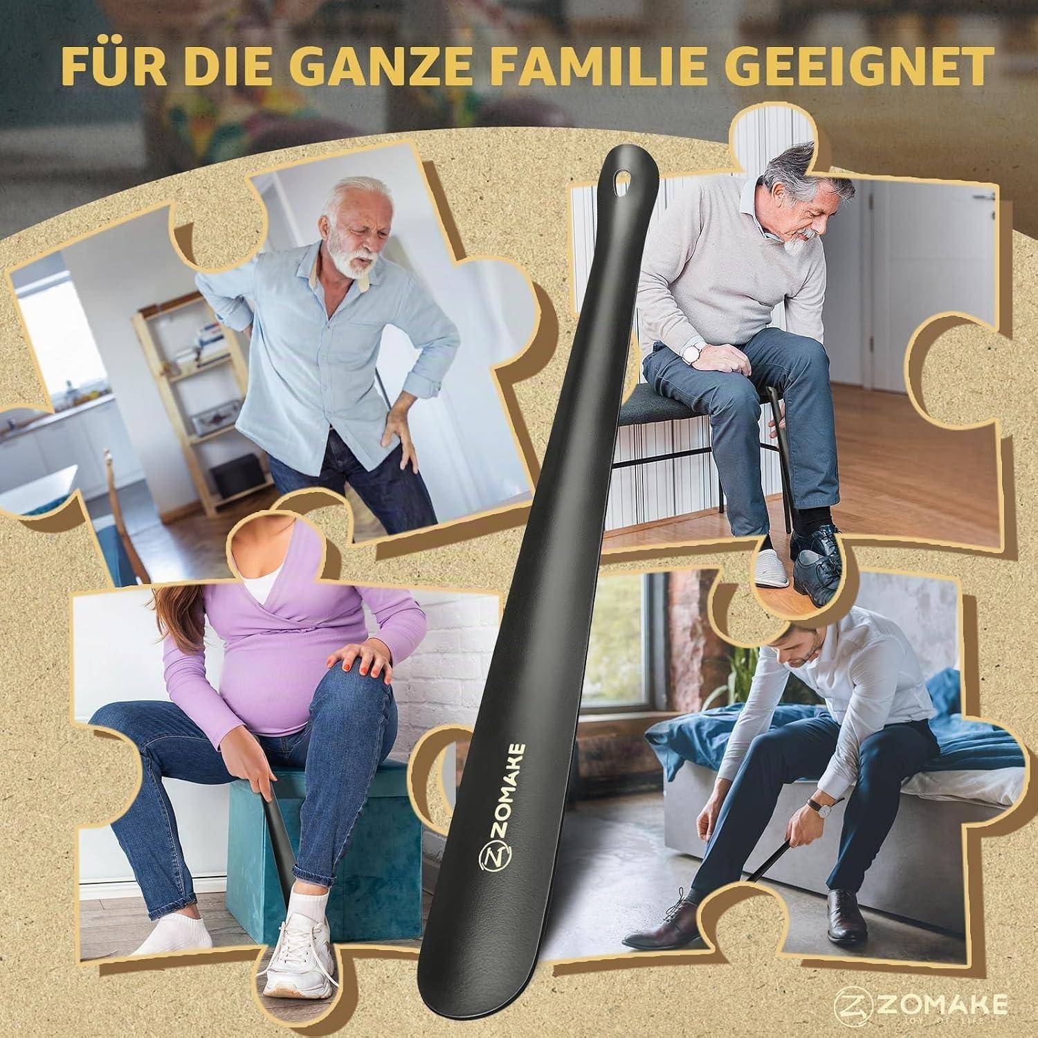 Promotional-Collage mit einem schwarzen ZOMAKE-Schuhlöffel für die ganze Familie, mit vier Personen, die ihn beim Anziehen von Schuhen verwenden, und dem deutschen Text „FÜR DIE GANZE FAMILIE GEEIGNET
