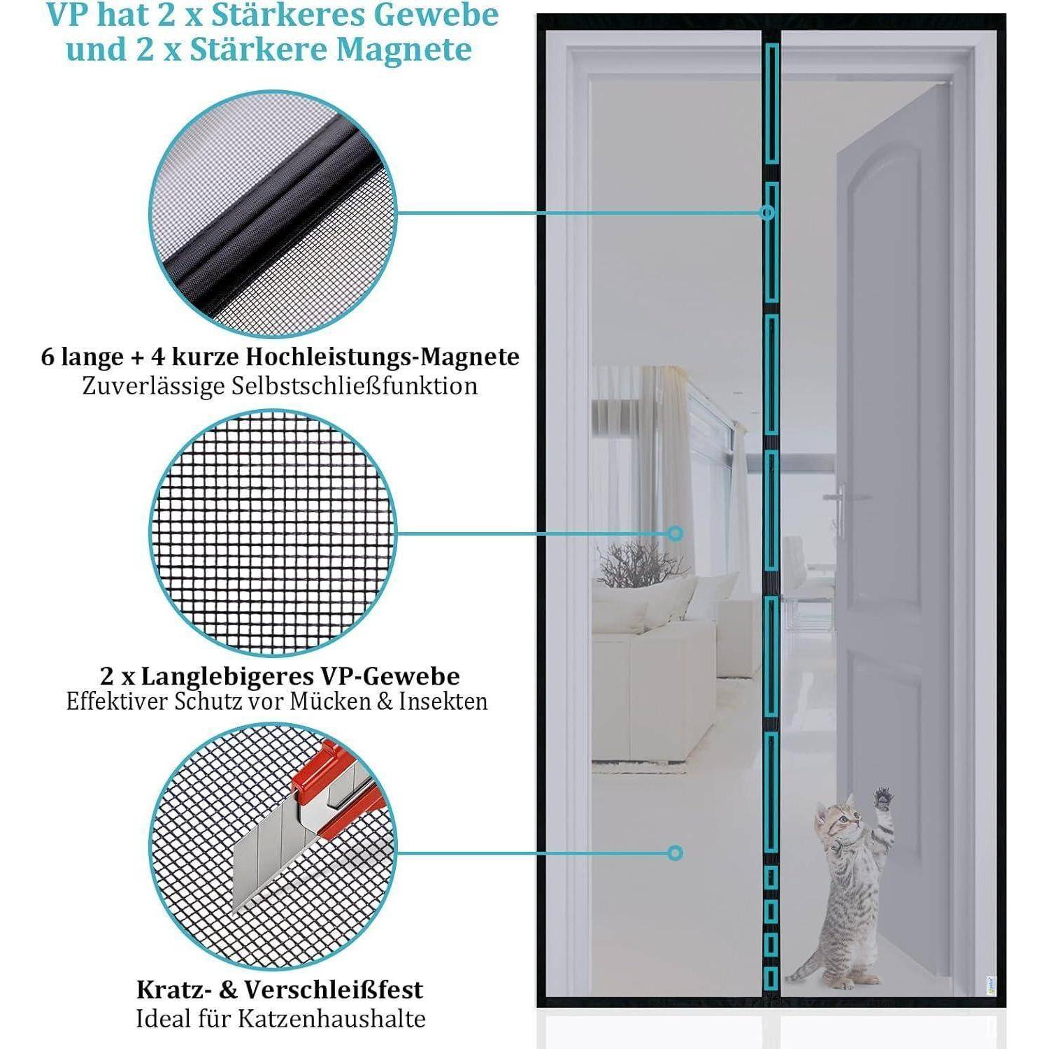 Kommentierte Türfliegengitter-Werbung mit magnetischem Verschluss mit 6 langen und 4 kurzen Magneten, strapazierfähigem Netz und kratzfestem Stoff zum Insektenschutz.