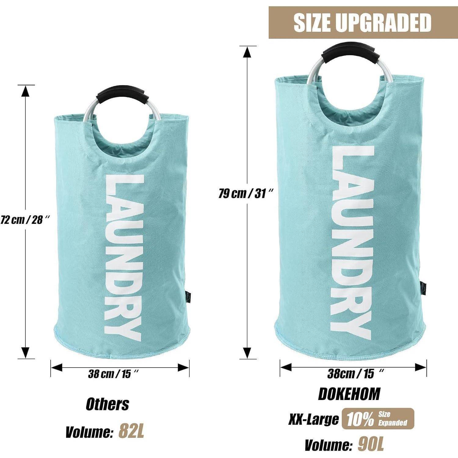 Vergleichsbild von zwei Wäscekörben mit Größenupgrade: Andere 72 cm hoch, 82L; Dokehom XX-Large 79 cm hoch, 90L.