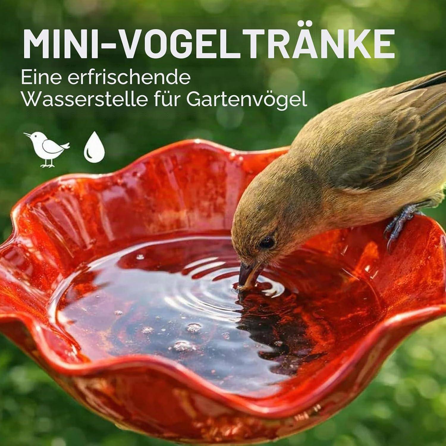 Vogel trinkt aus einer rotblütigen blumenförmigen Vogeltränke; der Text lautet „MINI-VOGELTRÄNKE