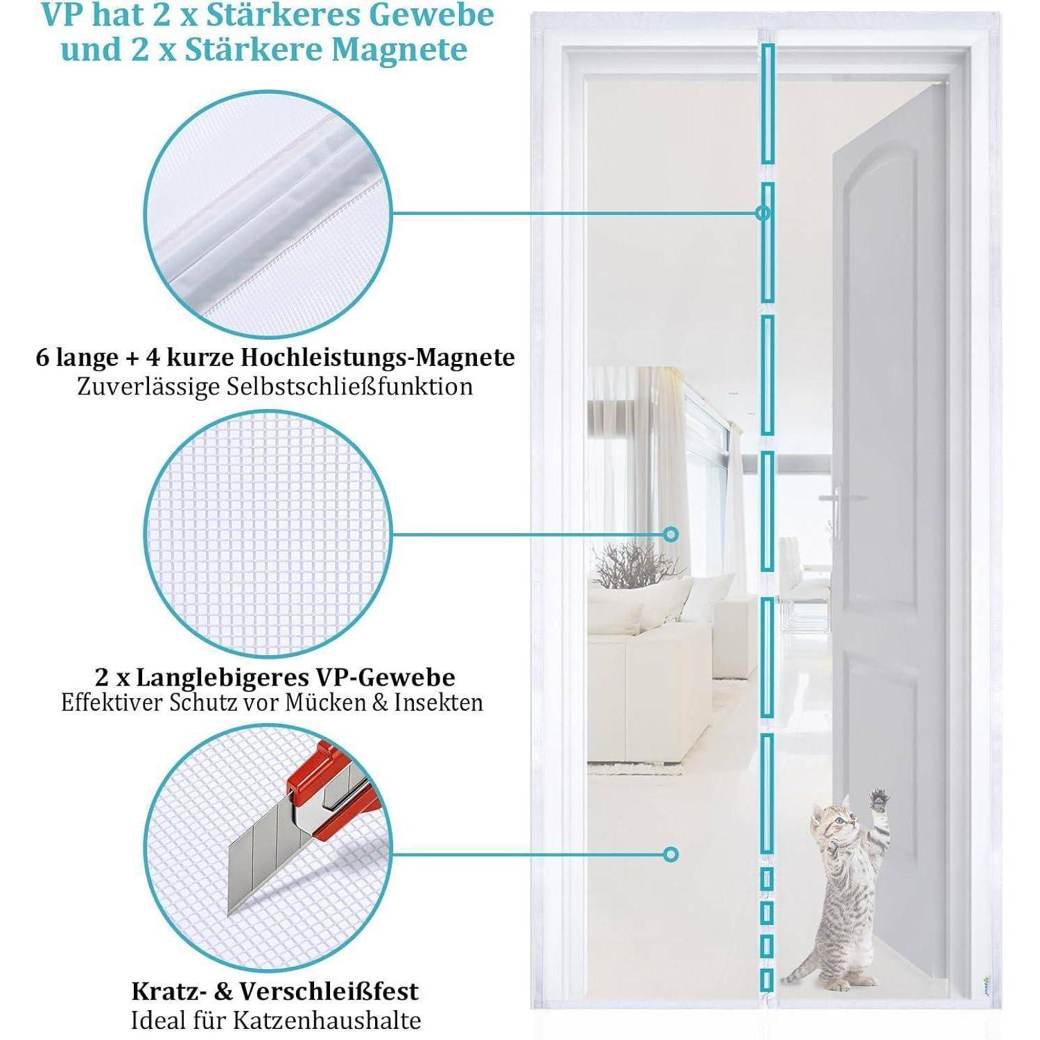 Magnetischer Insektenschutz für Türöffnungen mit verstärktem Gitter und Magneten, reißfestem Stoff und automatischer Selbstschließung.