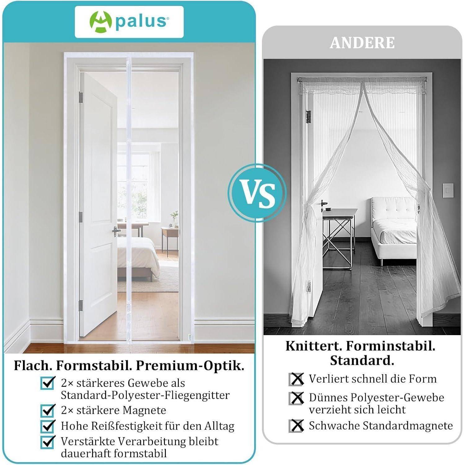Nebeneinander liegende Produktvergleich von Türfliegengittern: Palus auf der linken Seite sagt flach, formstabil, Premium, mit stärkerem Netzgewebe, Magneten, Widerstandsfähigkeit und Langlebigkeit; anderes auf der rechten Seite sagt verliert Form, dünnes Netzgewebe, schwache Magneten.