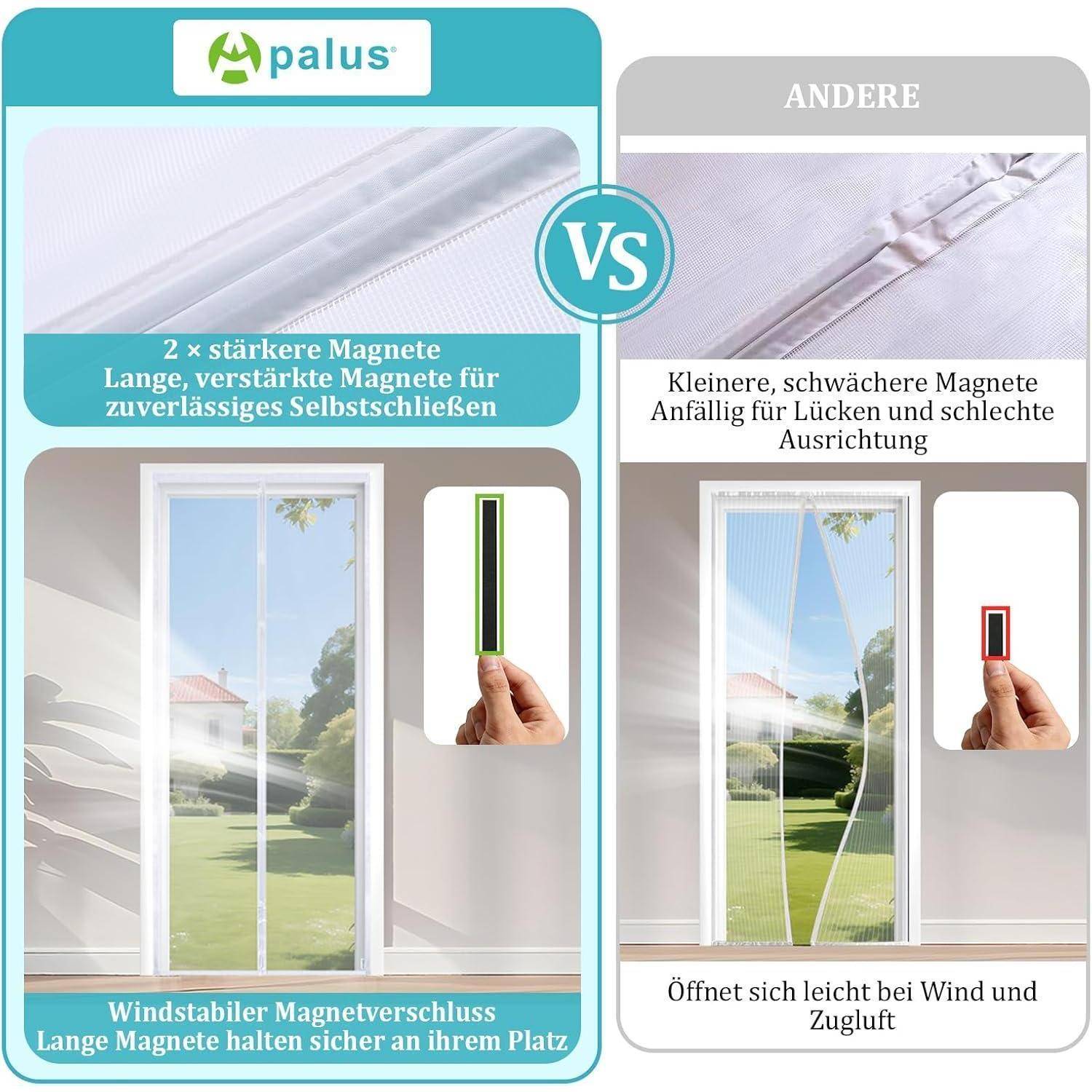 Vergleich nebeneinander: palus und andere magnetische Mesh-Türschließer: palus hat längere, stärkere Magnete für sicheres Schließen; andere haben kleinere Magnete, die bei Wind klaffen und sich öffnen.