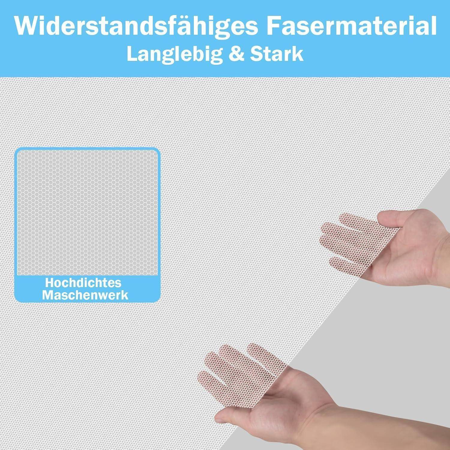 Mesh-Stoff, der als langlebig und strapazierfähig beworben wird, gezeigt, wie er zwischen zwei Händen gespannt ist, mit dem Text „Hochdichtes Maschenwerk