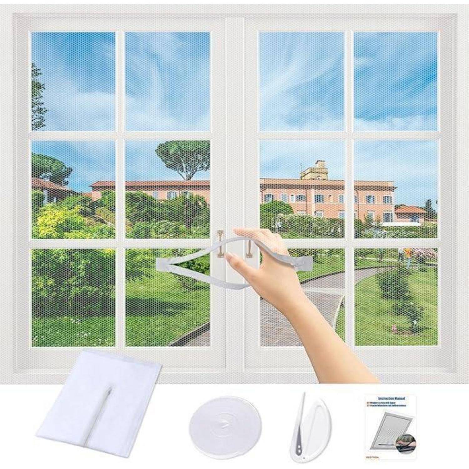 Eine Hand, die einen Fensterbildschirm-Haken durch ein Maschensieb an einem weißen Fenster führt, mit Reinigungs- oder Installationswerkzeugen, die darunter angezeigt werden.