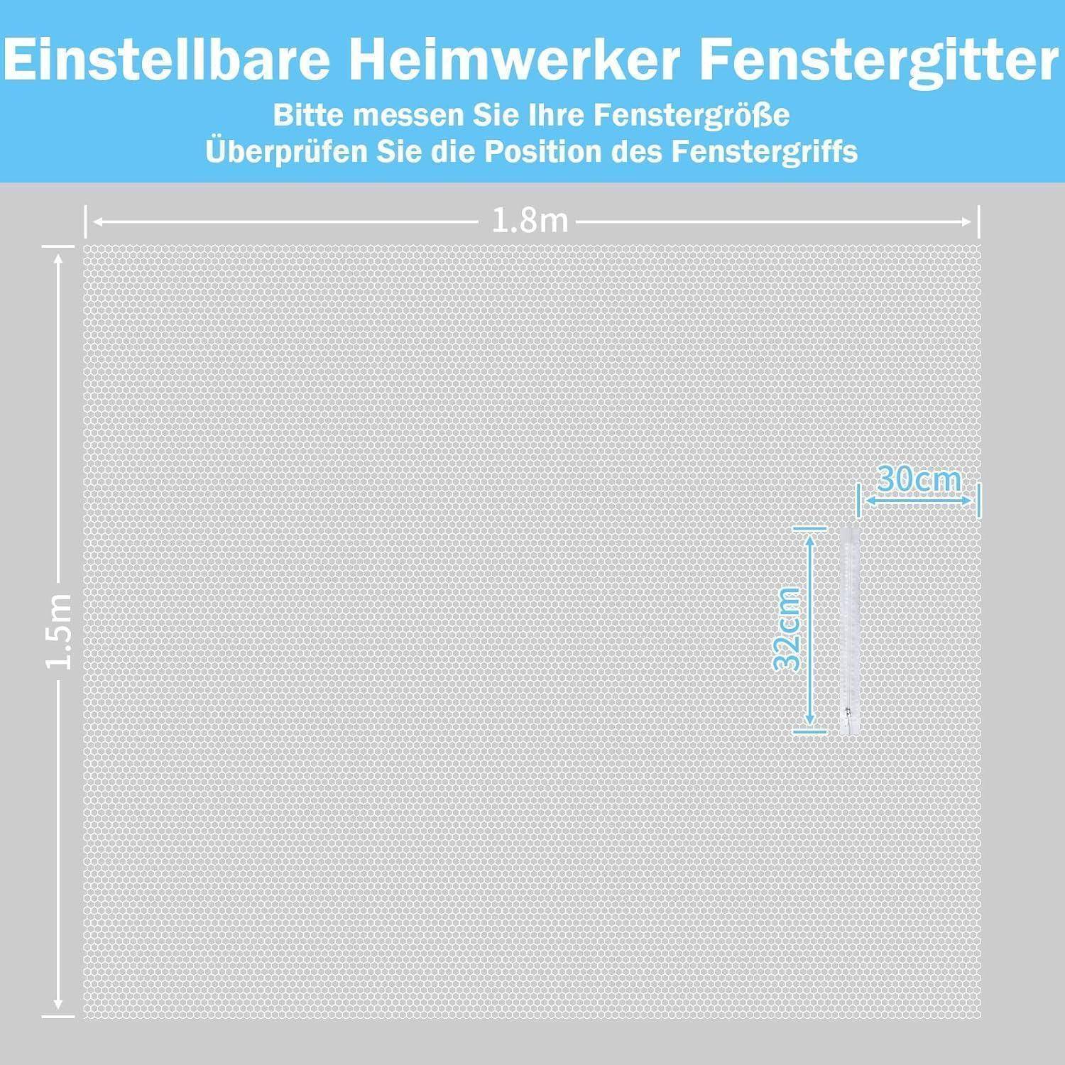 Deutsches Größenhandbuch für verstellbare Mückengitter: Fenstergrößen messen, mit einer 1,8 m × 1,5 m Platte und Griffposition markiert 30 cm breit, 32 cm hoch.