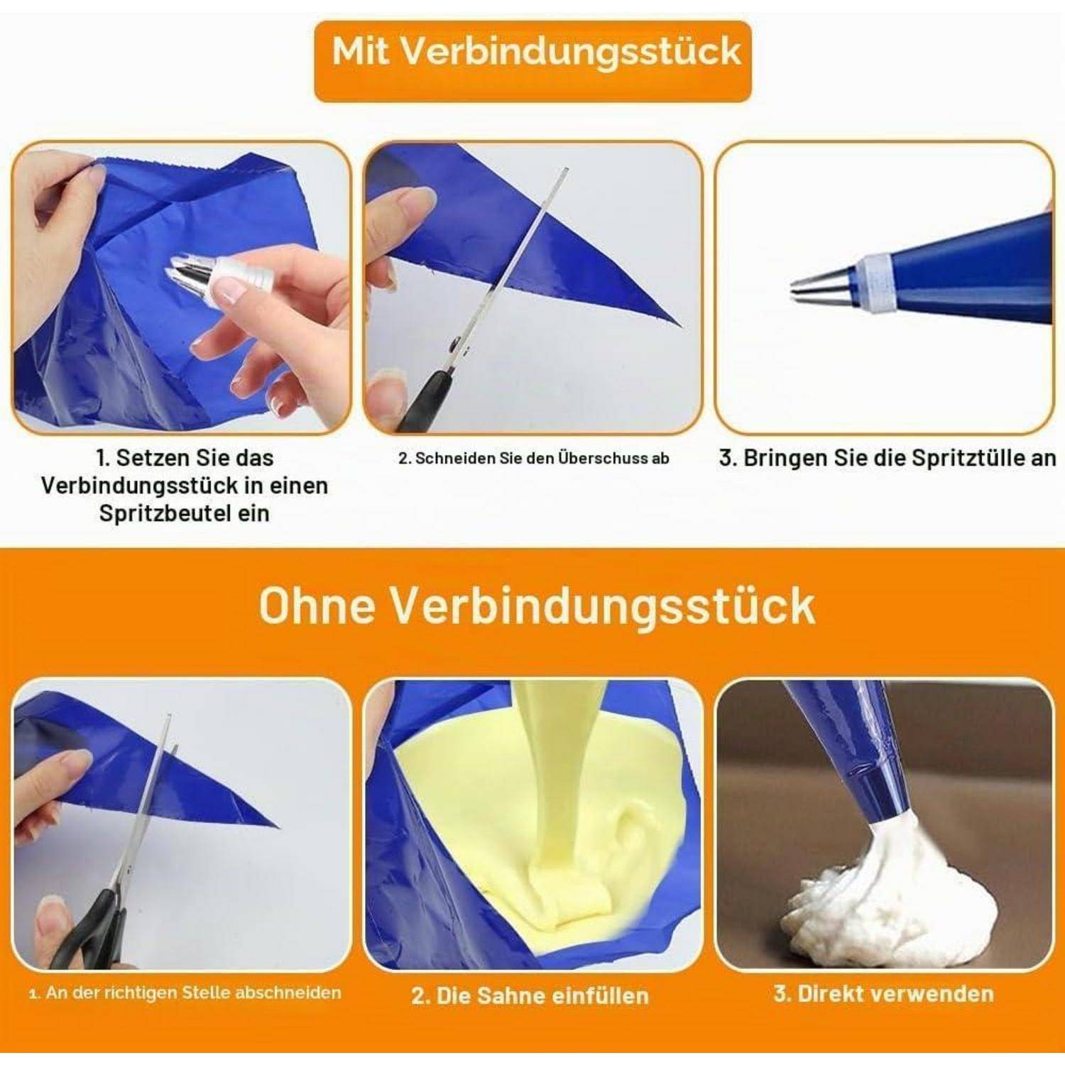 Anleitung zum Einsatz von Spritzbeuteln mit und ohne Adapter: Adapter anbringen, überschüssiges Material abschneiden, Spritztülle hinzufügen; oder Beutel abschneiden, mit Creme füllen und direkt verwenden.
