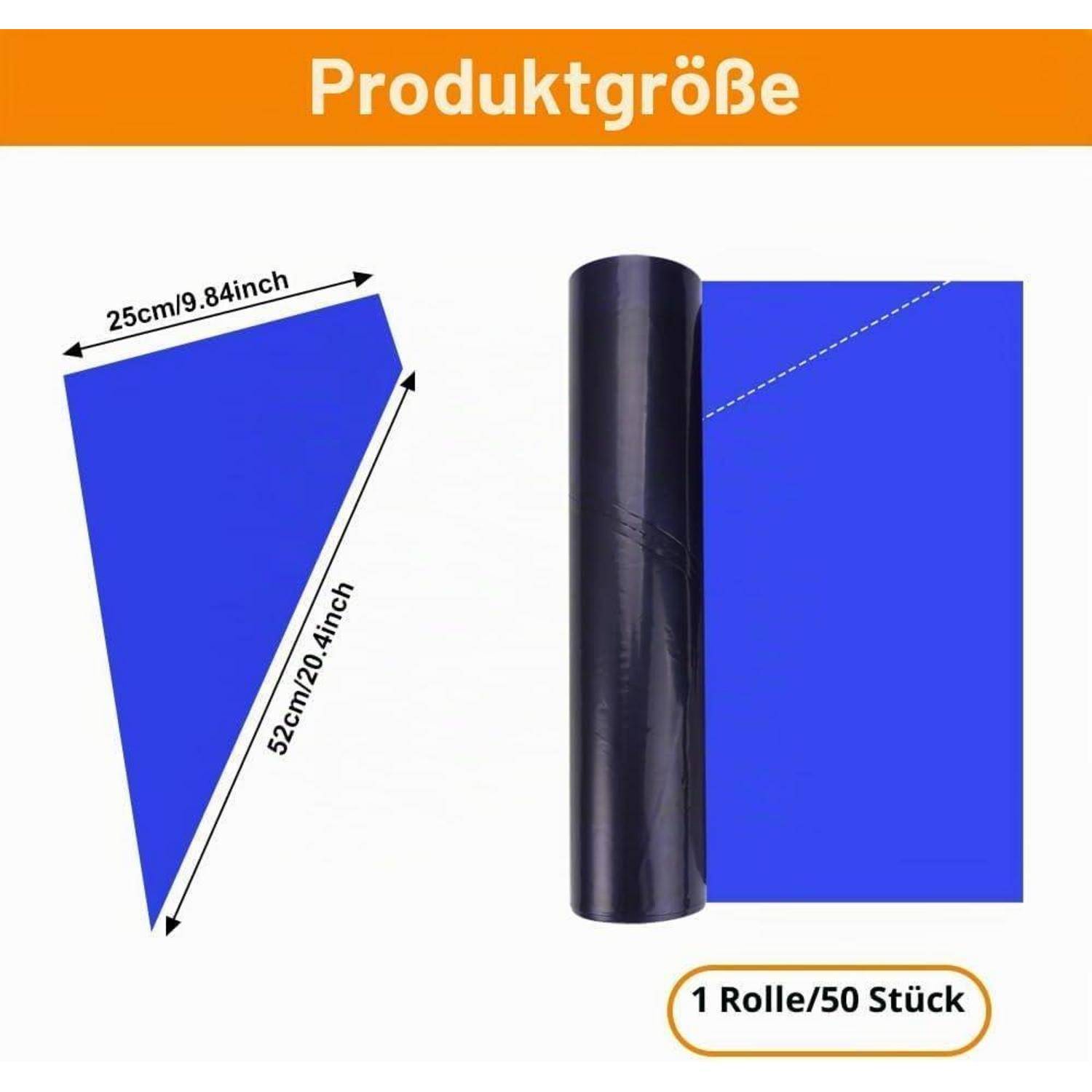 Produktgrößen-Diagramm mit einem blauen dreieckigen Blatt mit einer Breite von 25 cm/9,84 Zoll und einer Länge von 32 cm/12,4 Zoll sowie eine Rolle mit 50 Stück.