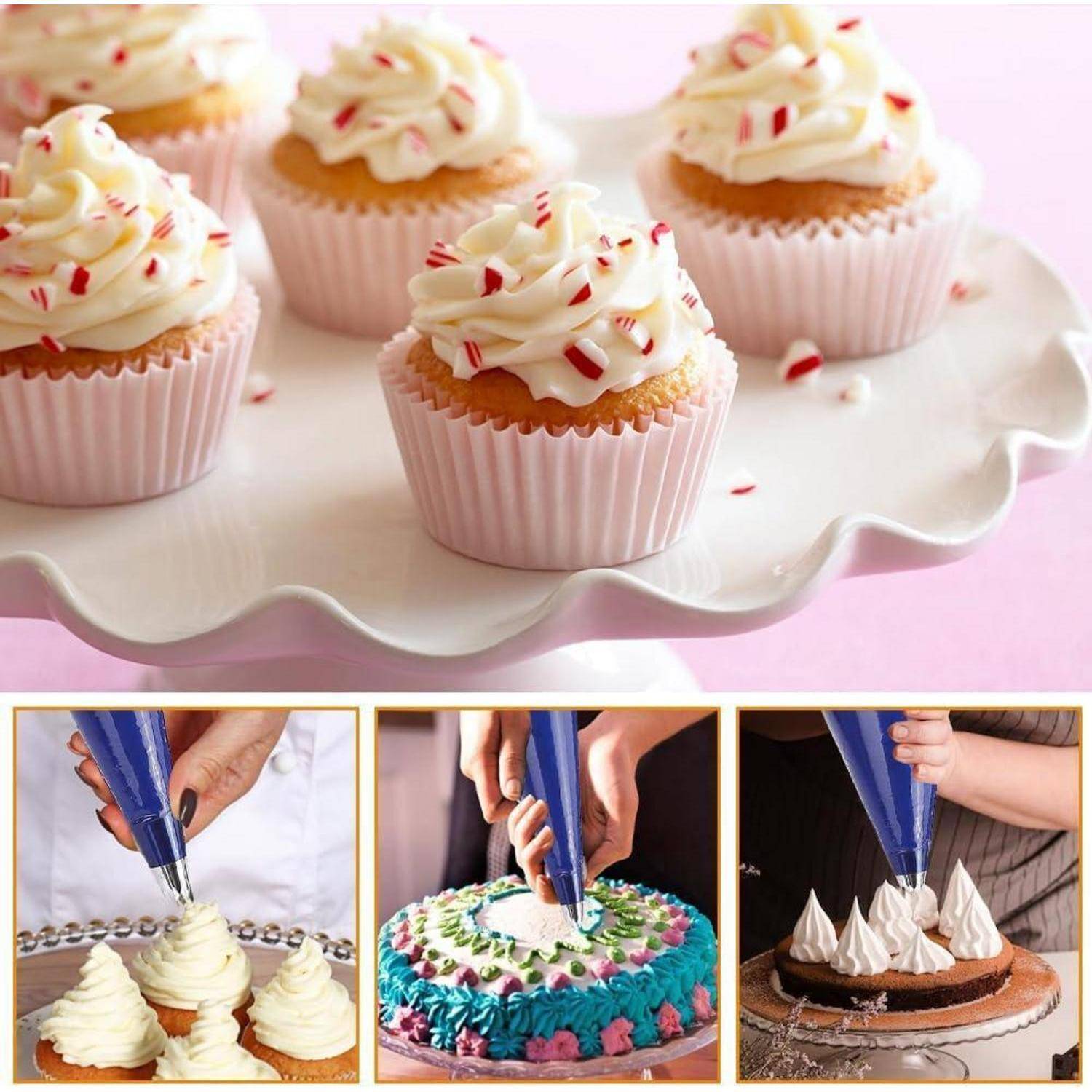 Cupcakes mit weißem Frosting und Pfefferminzstücken, plus drei kleine Fotos, die das Aufspritzen von Frosting auf Kuchen und Cupcakes zeigen.