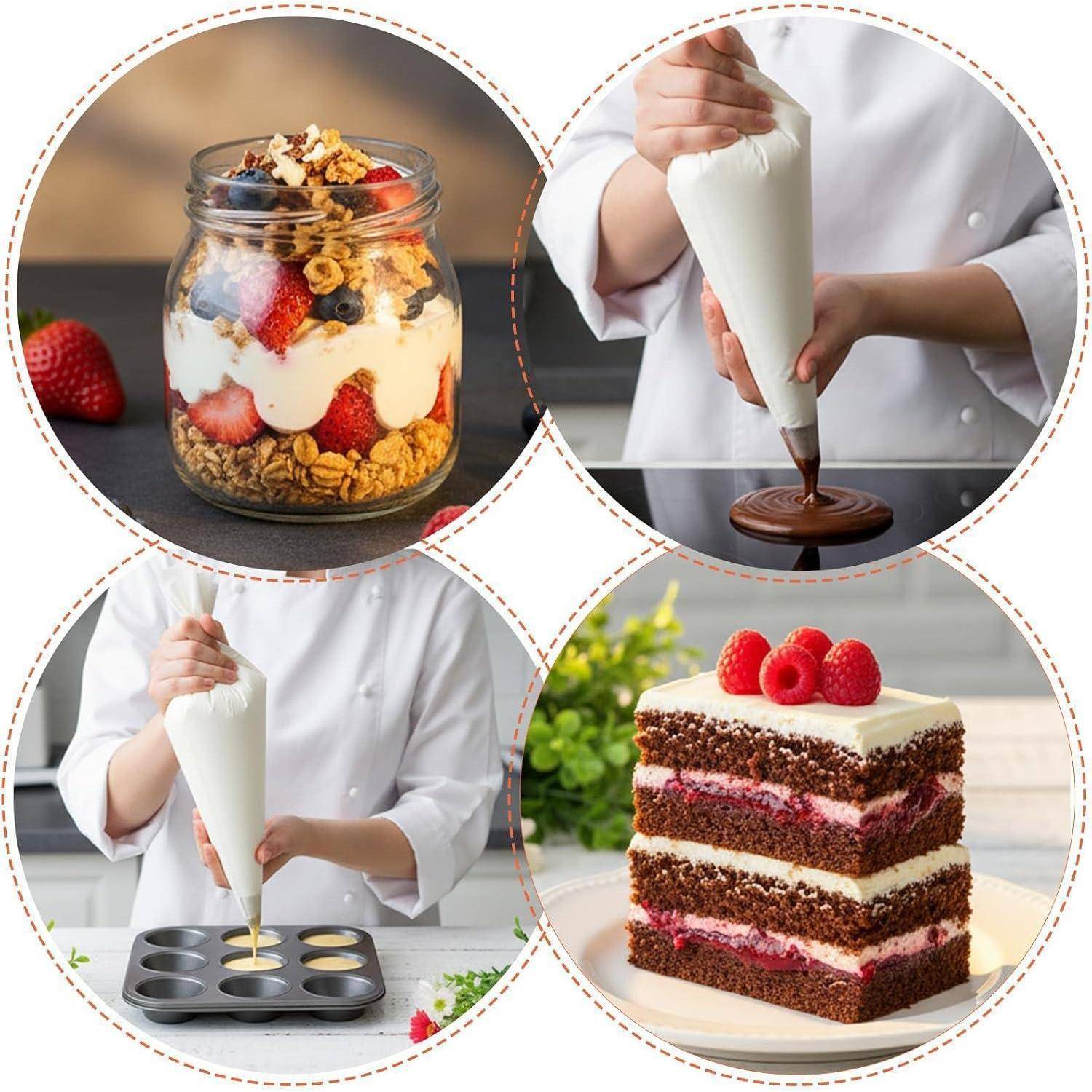 Collage der Dessertzubereitung und des Servierens: geschichteter Beerenperfait in einem Glas, Schokolade in eine Form spritzen, Mini-Tarteletkassen füllen und ein Stück mehrebeniger Kuchen mit Himbeeren.