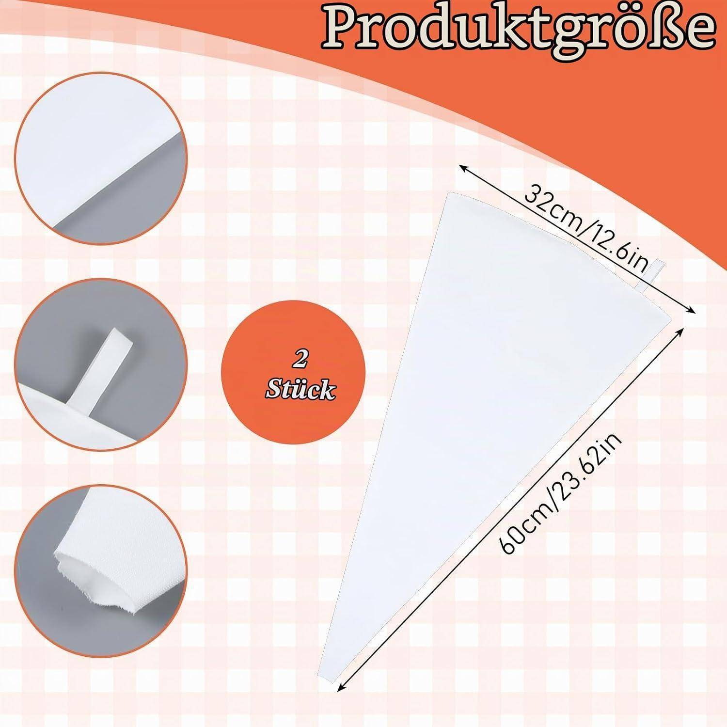 Produktgrößendiagramm für einen weißen kegelförmigen Artikel, das eine Breite von 32 cm oben und eine Länge von 60 cm zeigt; enthält 2 Teile und drei Nahaufnahmedetailansichten.