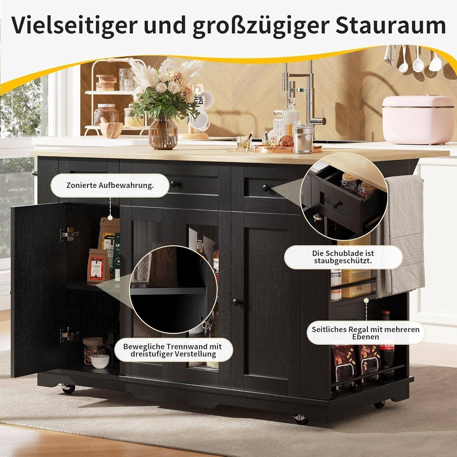 # Anzeige für eine schwarze Kücheninsel mit Lagerfunktionen, gekennzeichnet mit: Zonenlagerverwaltung, staubgeschützter Schublade und verstellbarem Unterteilungsregal.