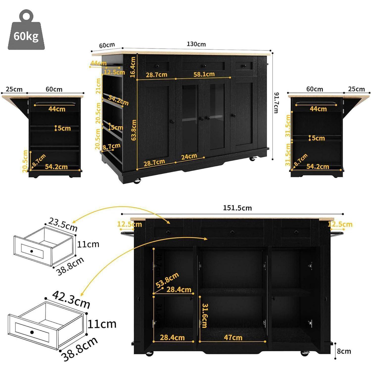 Schwarzer Lagerschrank mit Dimensionsannotationen, Vorder- und Seitenansichten sowie eine Schubladenskizze; enthält ein 60-kg-Lastsymbol.