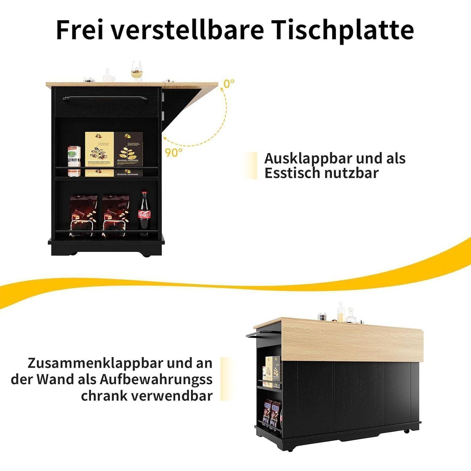 Diagramm einer frei verstellbaren Tischplatte mit zwei Verwendungsmöglichkeiten: aufgeklappt als Esstisch und gegen die Wand eingeklappt als Aufbewahrungsschrank.
