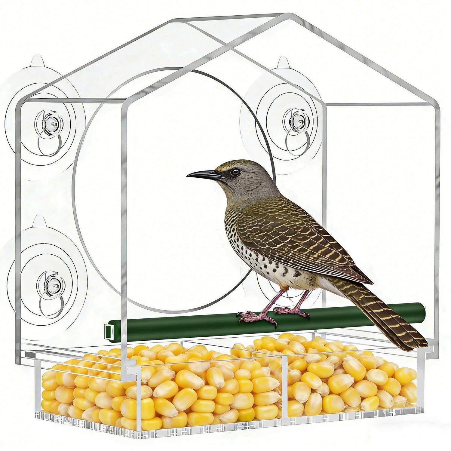 Ein Vogel sitzt auf einer grünen Stange in einem durchsichtigen Futterhaus über einem Tablett mit gelben Maiskörnern.